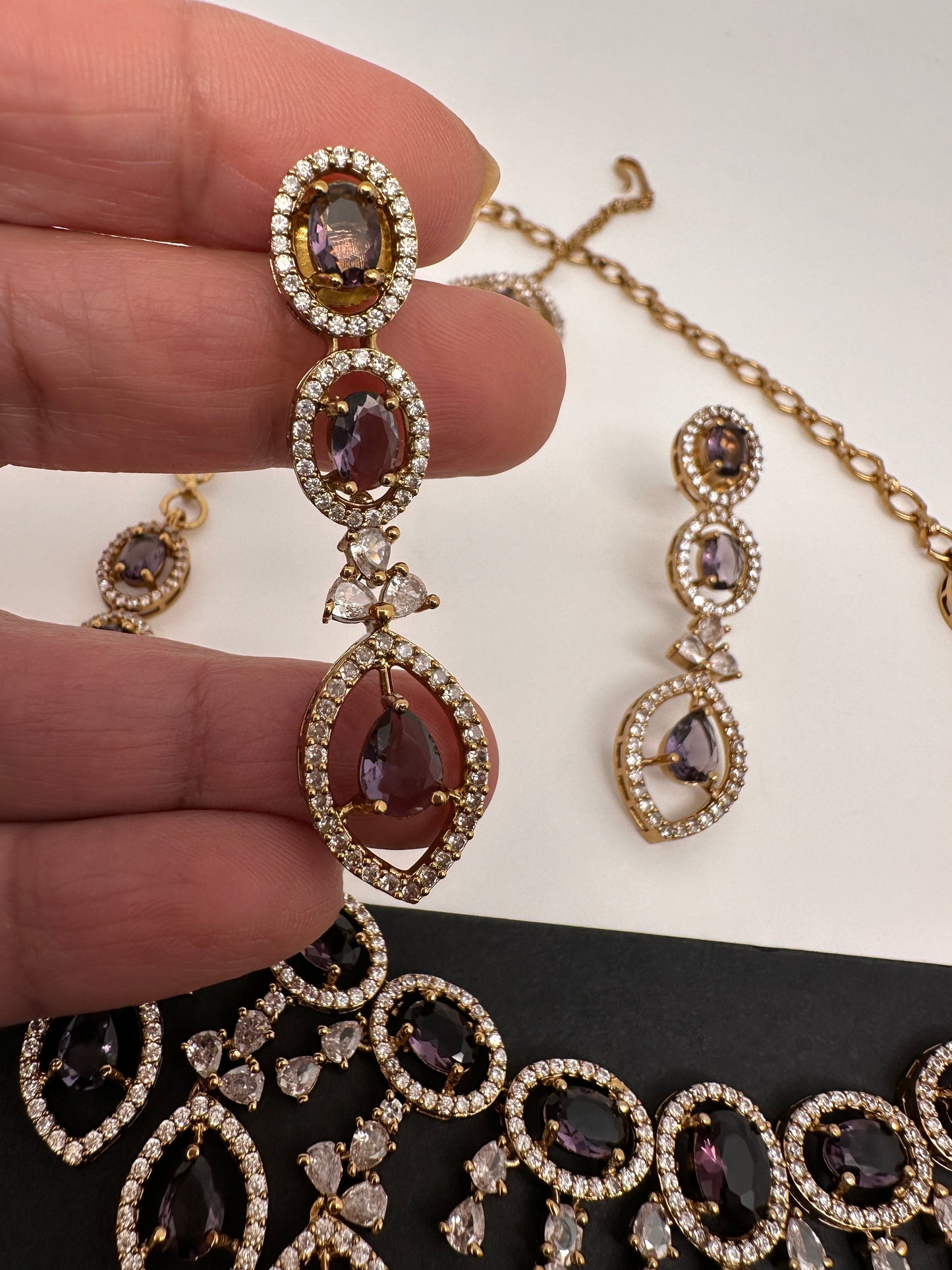 AD Dainty Victorian Mehndi Finish Color Stone Necklace with Mand Tika - Purple
