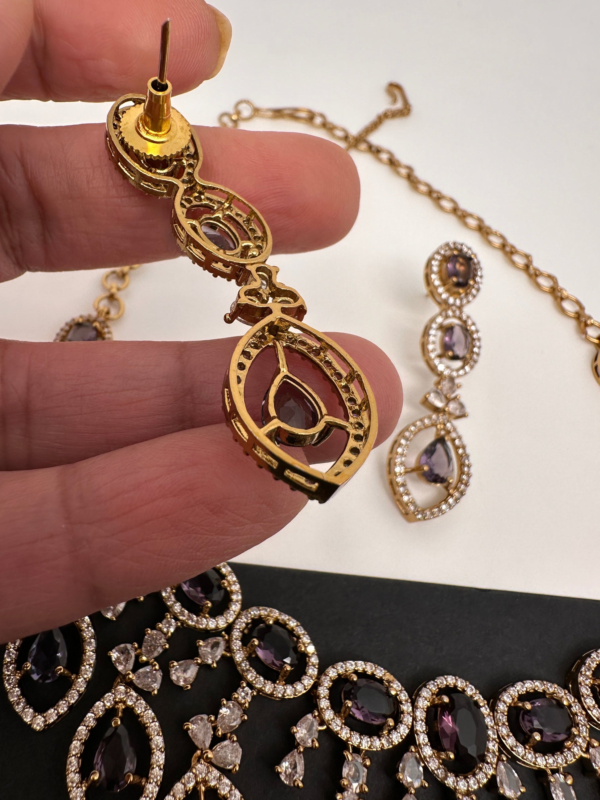 AD Dainty Victorian Mehndi Finish Color Stone Necklace with Mand Tika - Purple