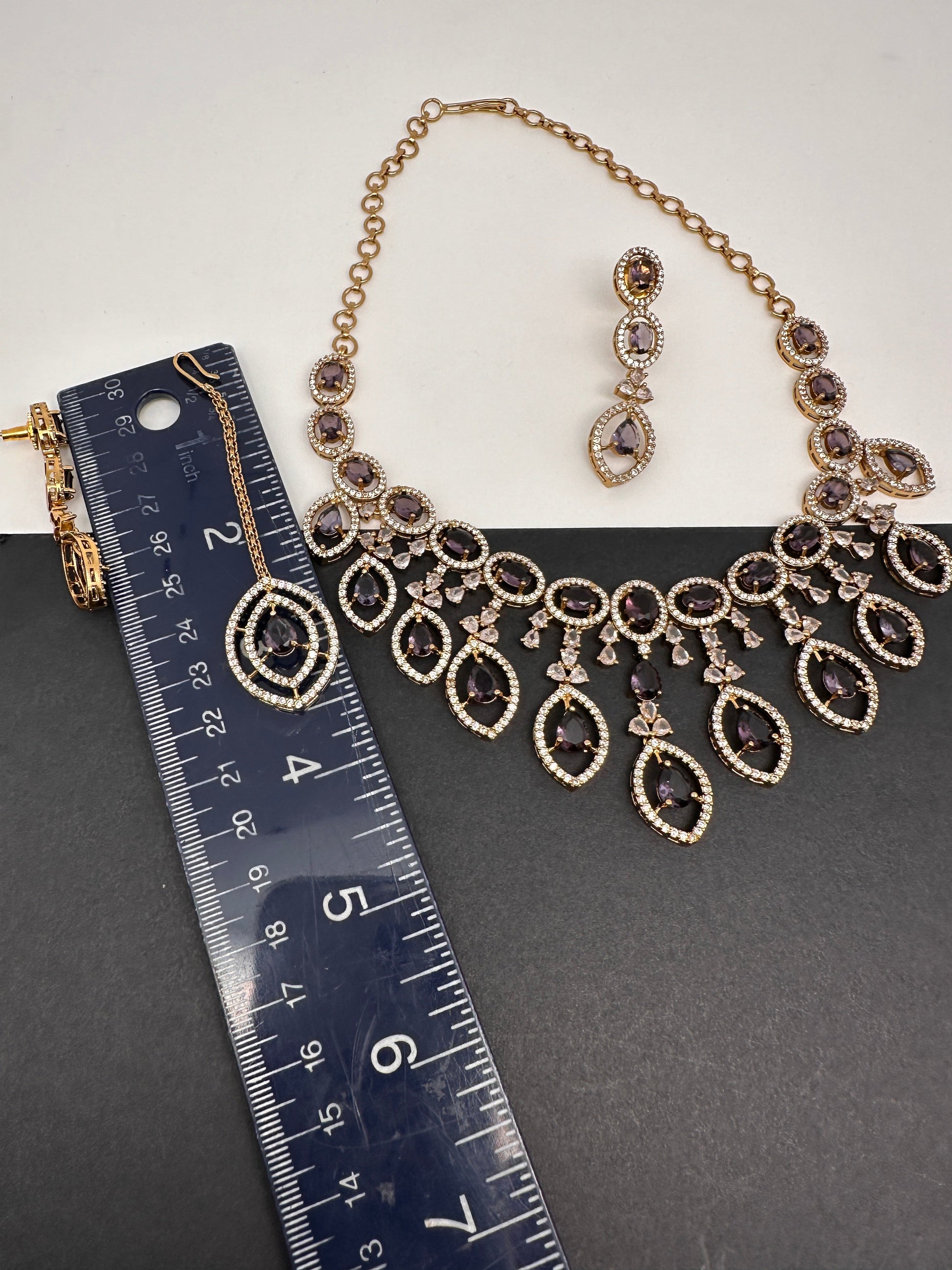 AD Dainty Victorian Mehndi Finish Color Stone Necklace with Mand Tika - Purple
