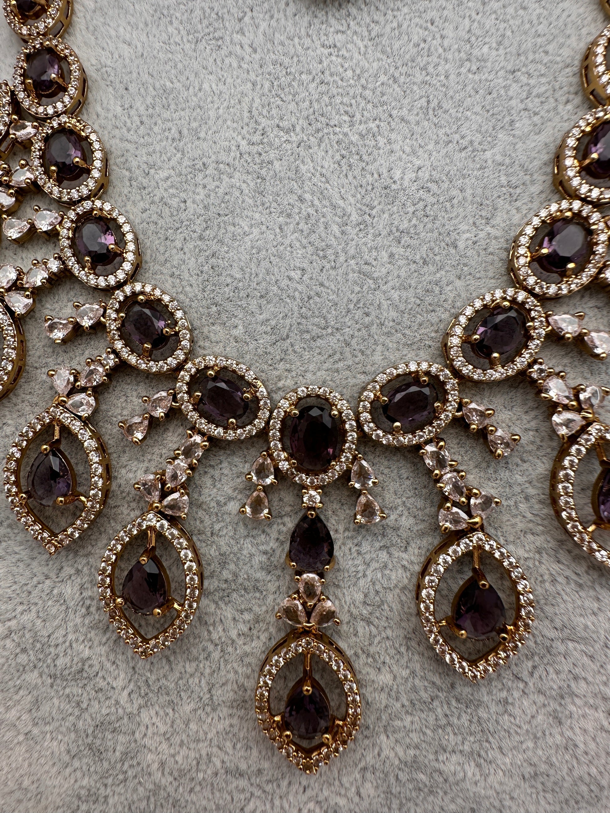AD Dainty Victorian Mehndi Finish Color Stone Necklace with Mand Tika - Purple