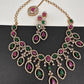 AD Dainty Victorian Mehndi Finish Color Stone Necklace with Mand Tika - Red