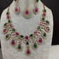 AD Dainty Victorian Mehndi Finish Color Stone Necklace with Mand Tika - Red