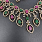 AD Dainty Victorian Mehndi Finish Color Stone Necklace with Mand Tika - Red