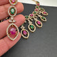 AD Dainty Victorian Mehndi Finish Color Stone Necklace with Mand Tika - Red