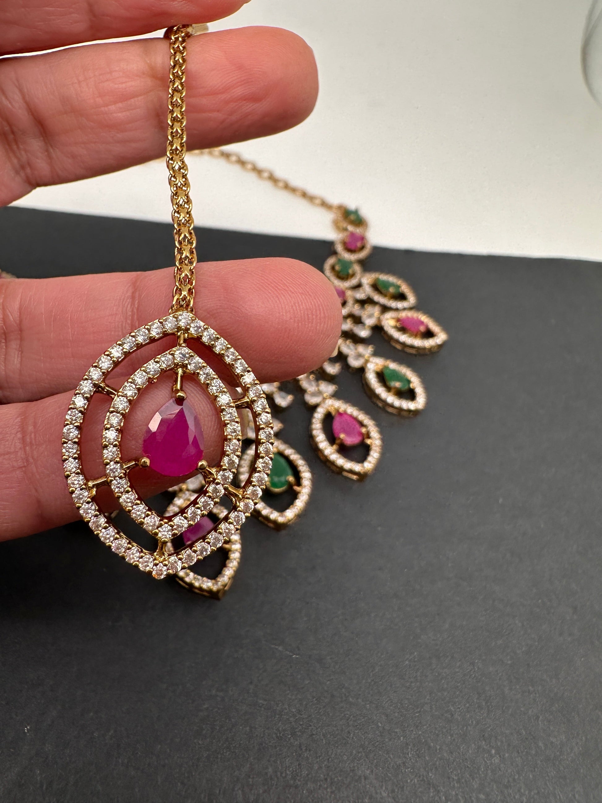 AD Dainty Victorian Mehndi Finish Color Stone Necklace with Mand Tika - Red