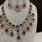 AD Dainty Victorian Mehndi Finish Color Stone Necklace with Mand Tika - Red