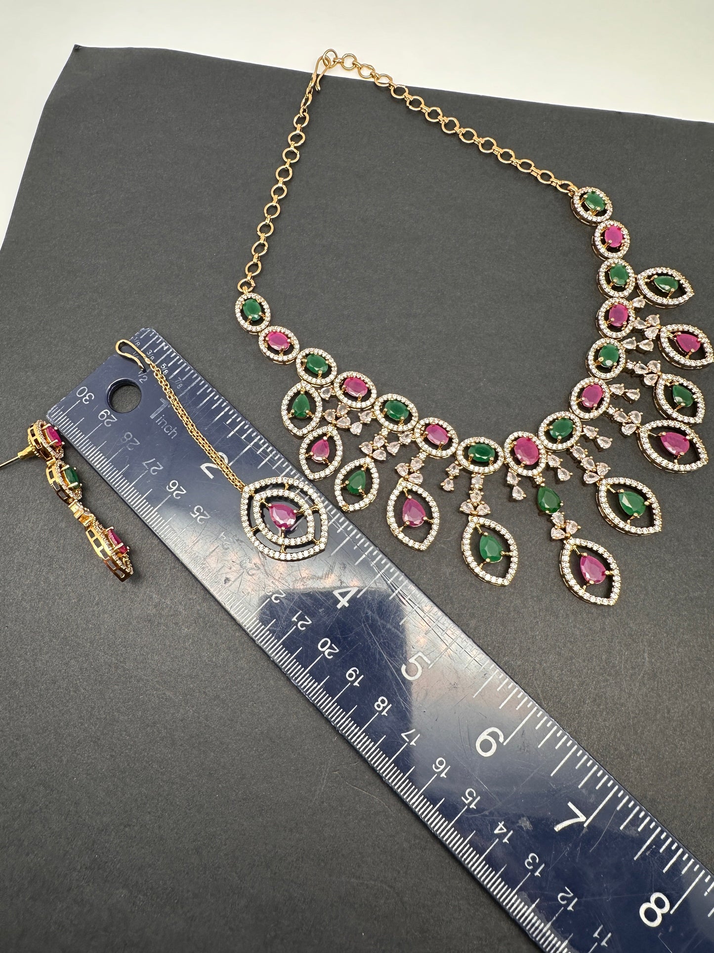 AD Dainty Victorian Mehndi Finish Color Stone Necklace with Mand Tika - Red