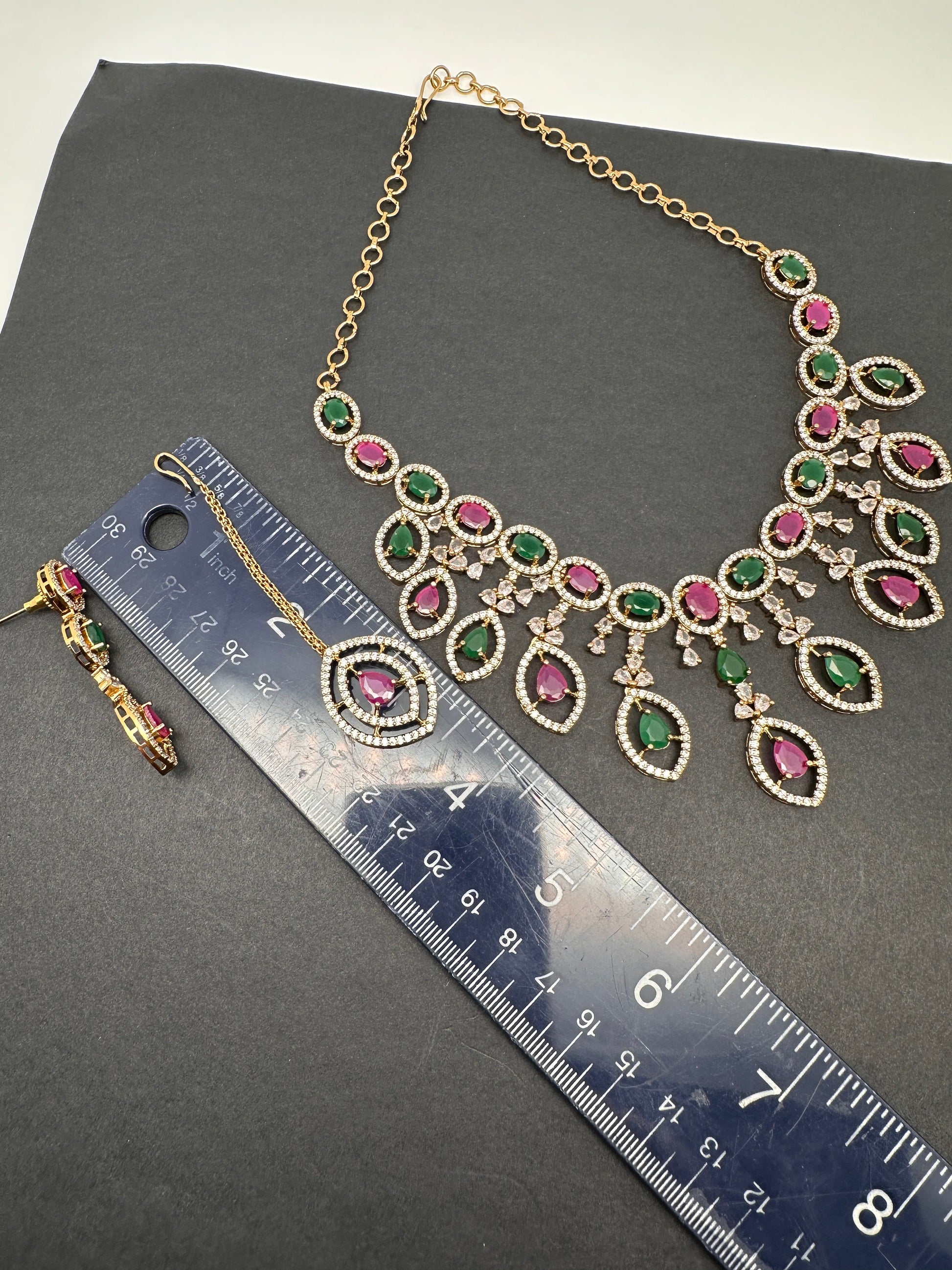 AD Dainty Victorian Mehndi Finish Color Stone Necklace with Mand Tika - Red
