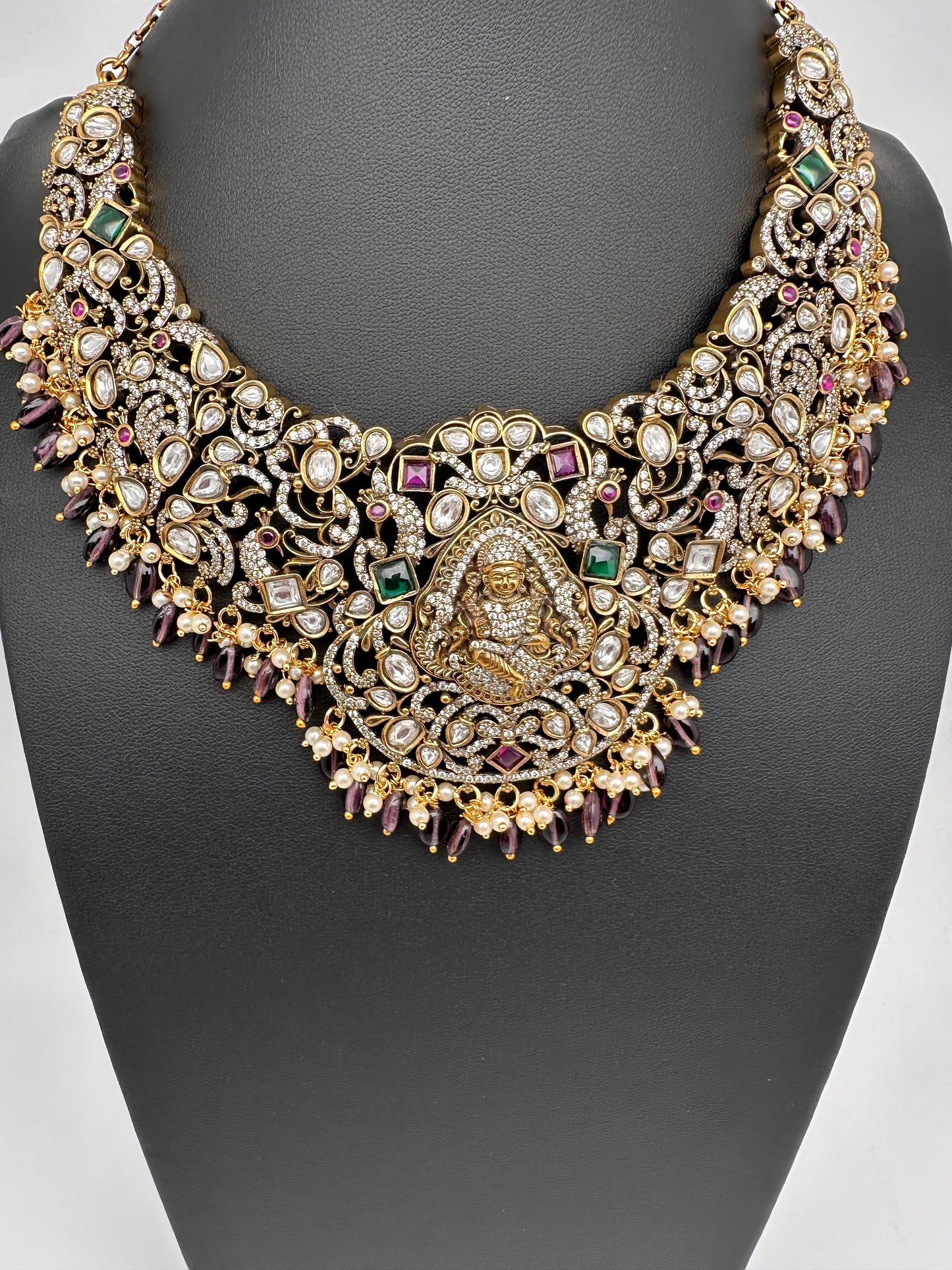 Moissanite Victorian Goddess Lakshmi Necklace with Amethyst Beads
