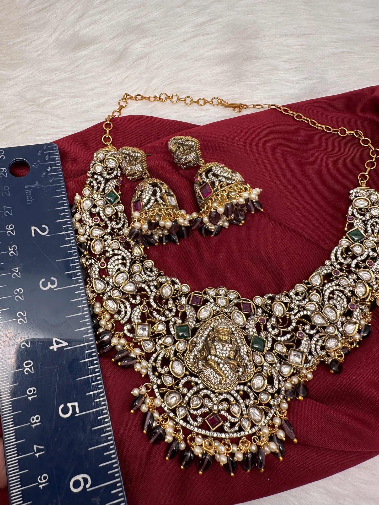 Moissanite Victorian Goddess Lakshmi Necklace with Amethyst Beads
