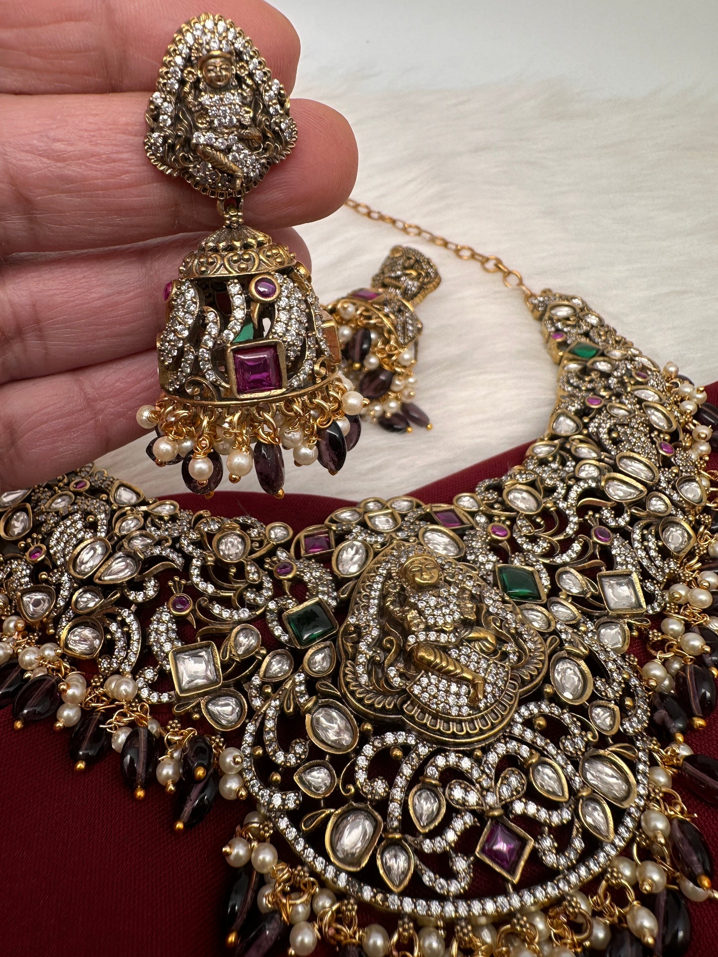 Moissanite Victorian Goddess Lakshmi Necklace with Amethyst Beads