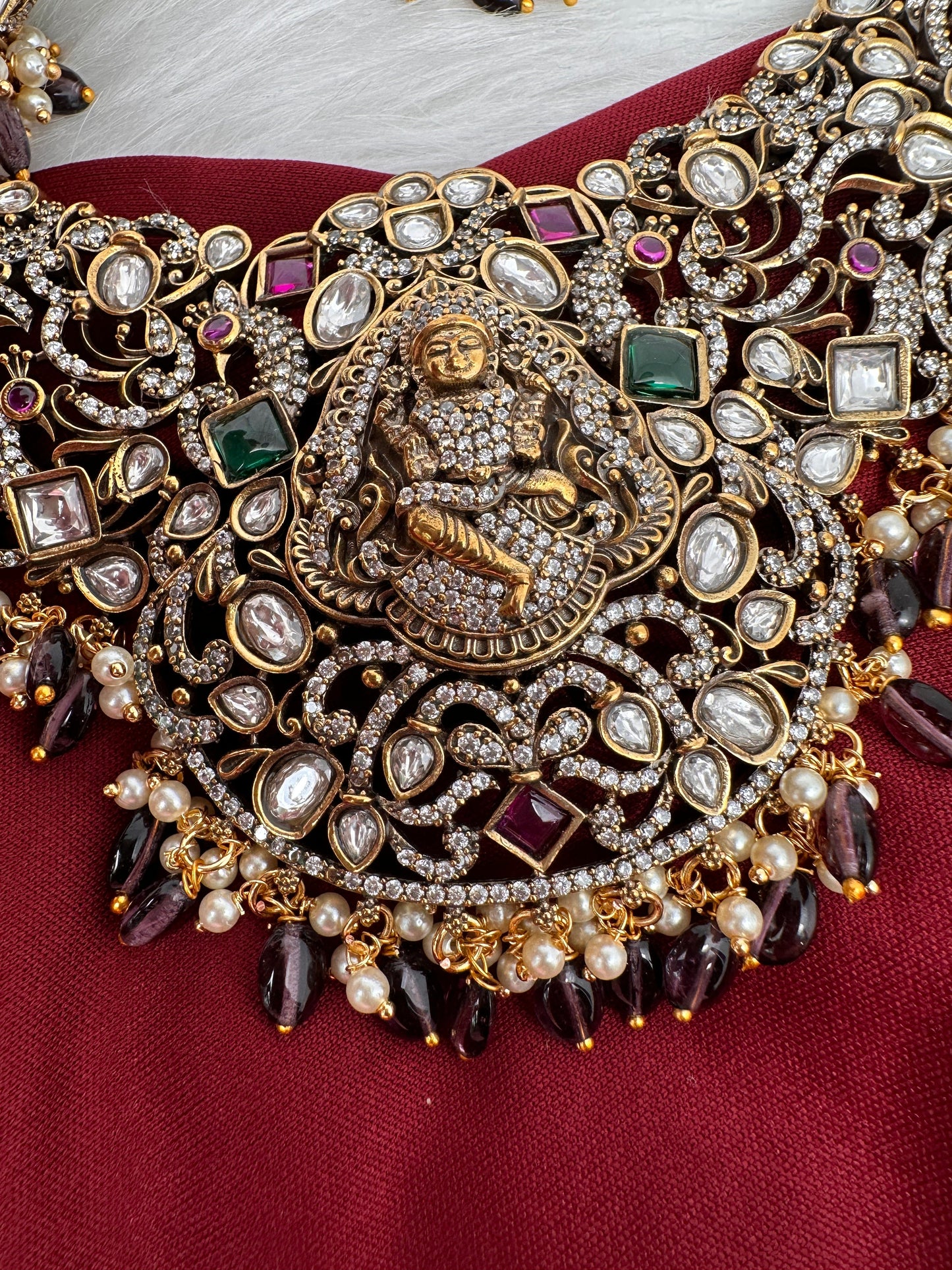 Moissanite Victorian Goddess Lakshmi Necklace with Amethyst Beads