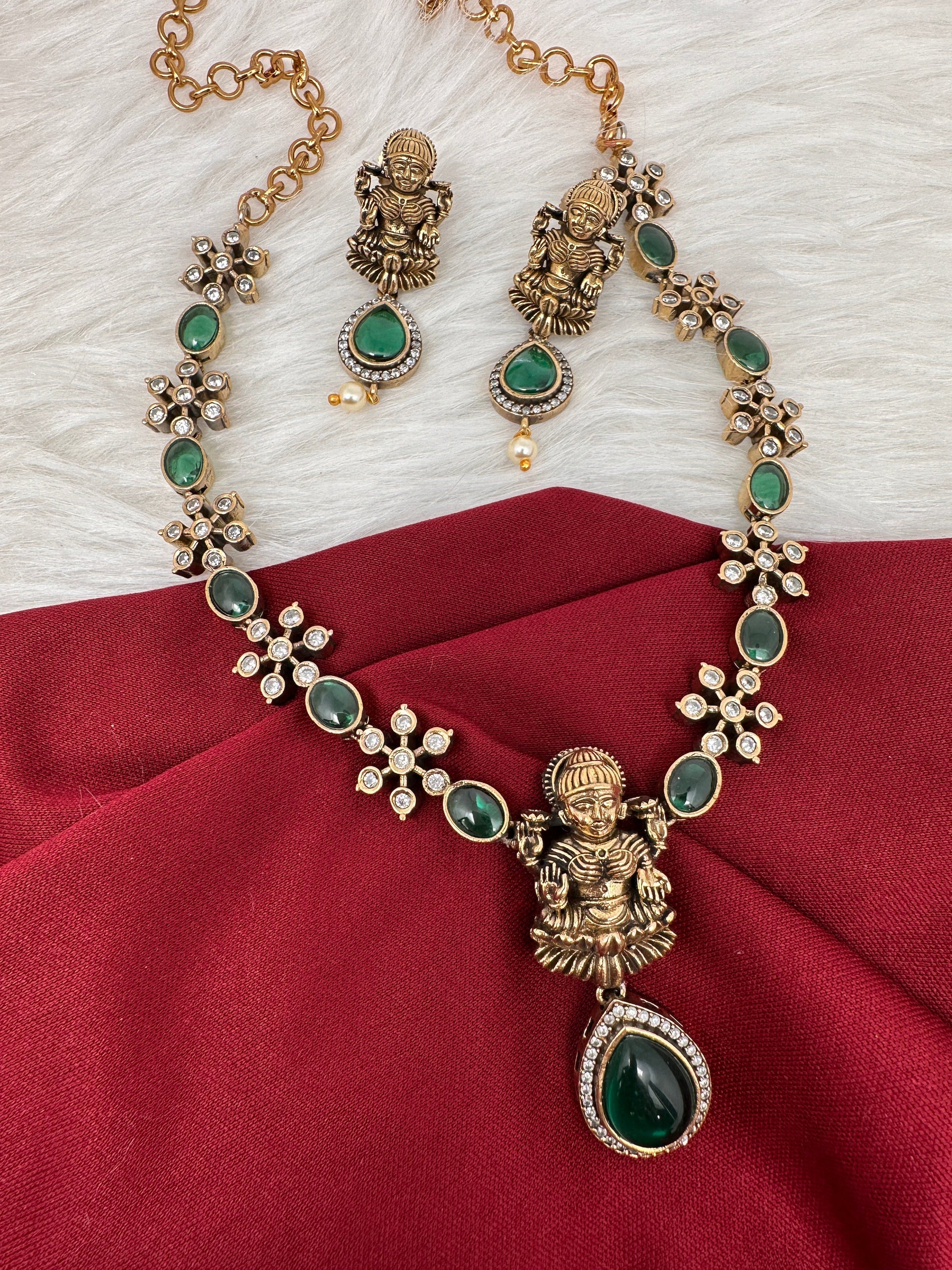 AD Victorian Goddess lakshmi Dainty  Color Stone Necklace - Green