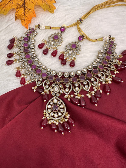 Moissanite Color Stone Neckline Necklace - Red