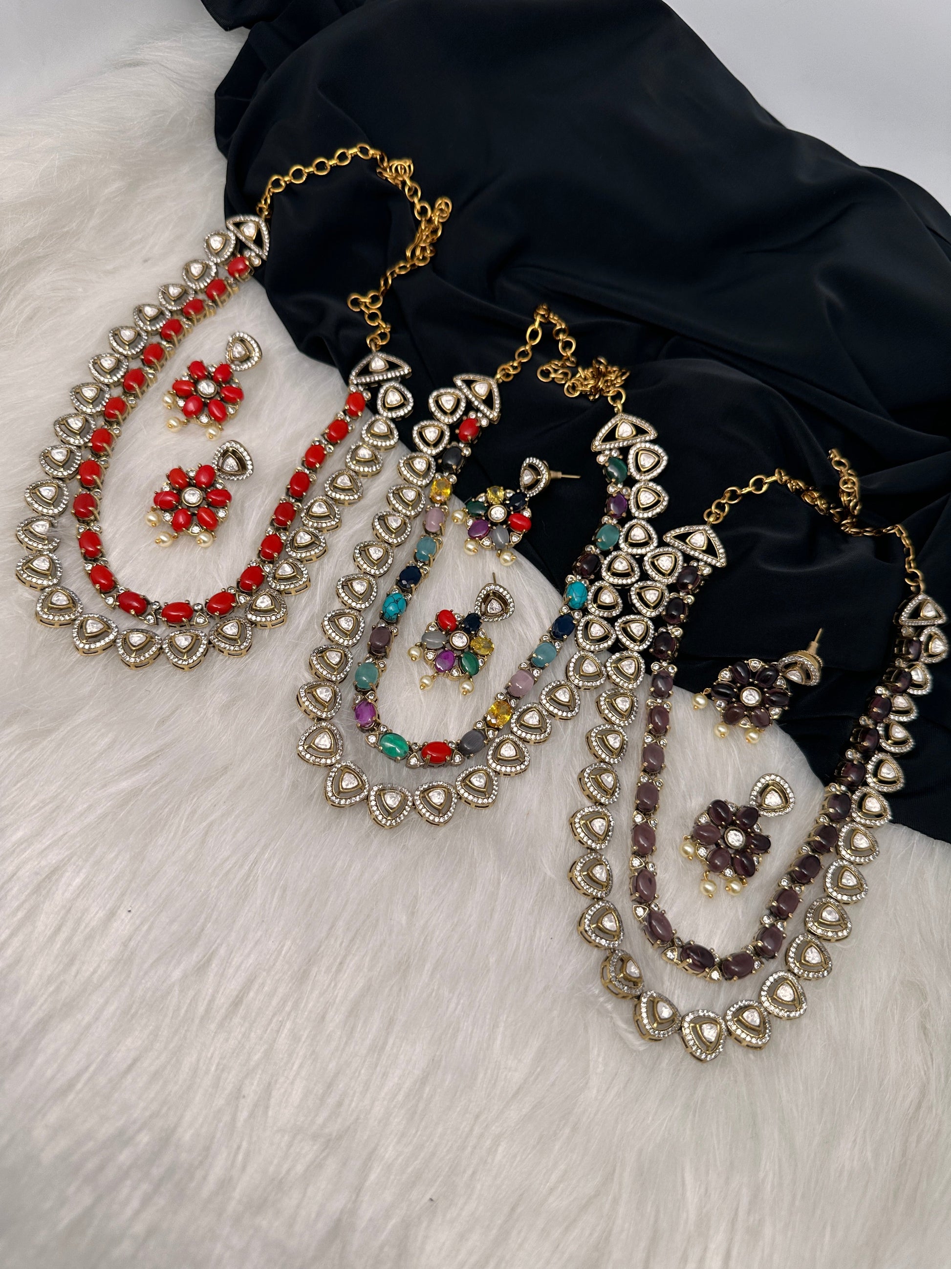 Victorian Double Layer Color Stone Moissnite  Necklace - Coral