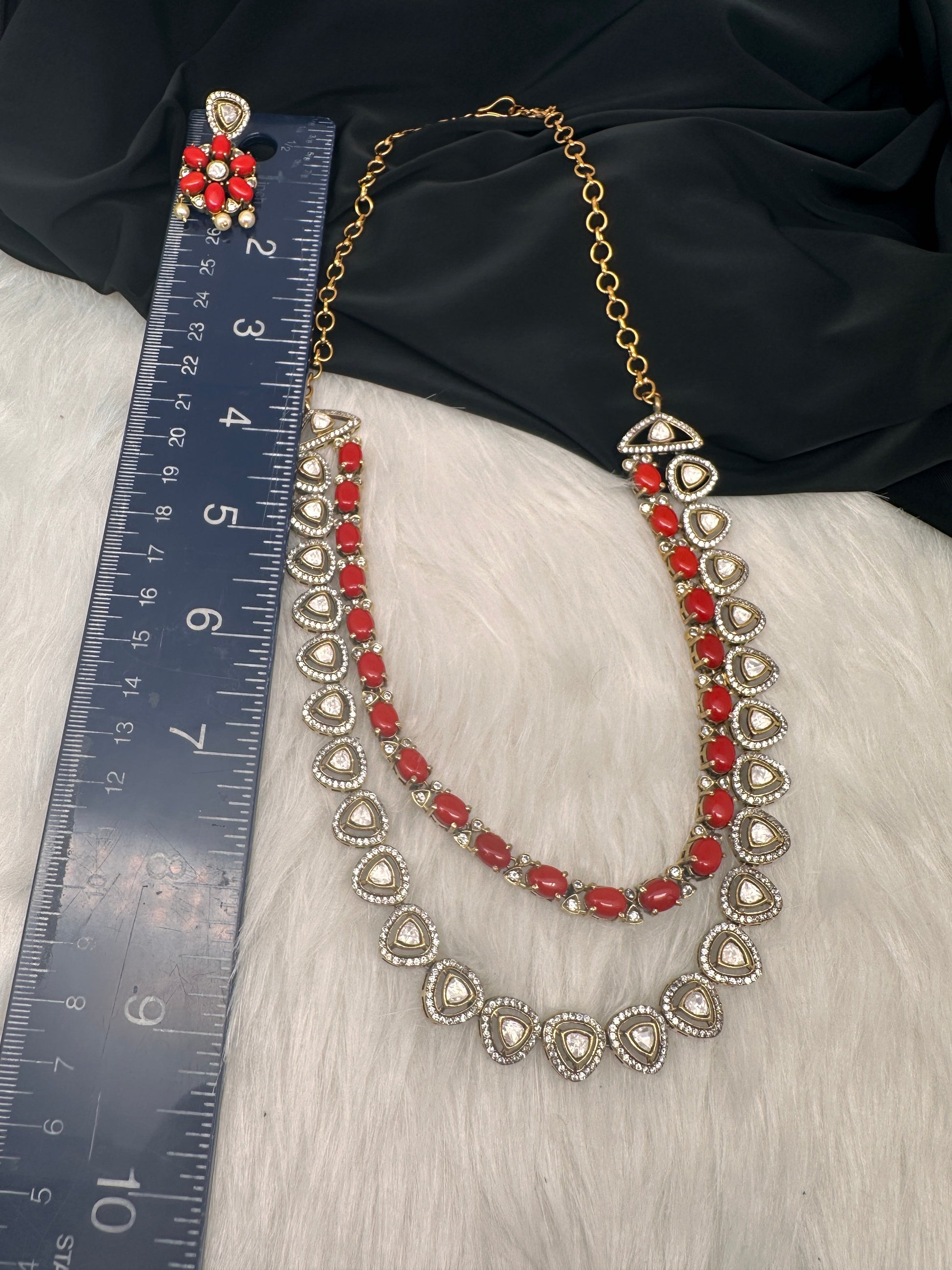 Victorian Double Layer Color Stone Moissnite  Necklace - Coral