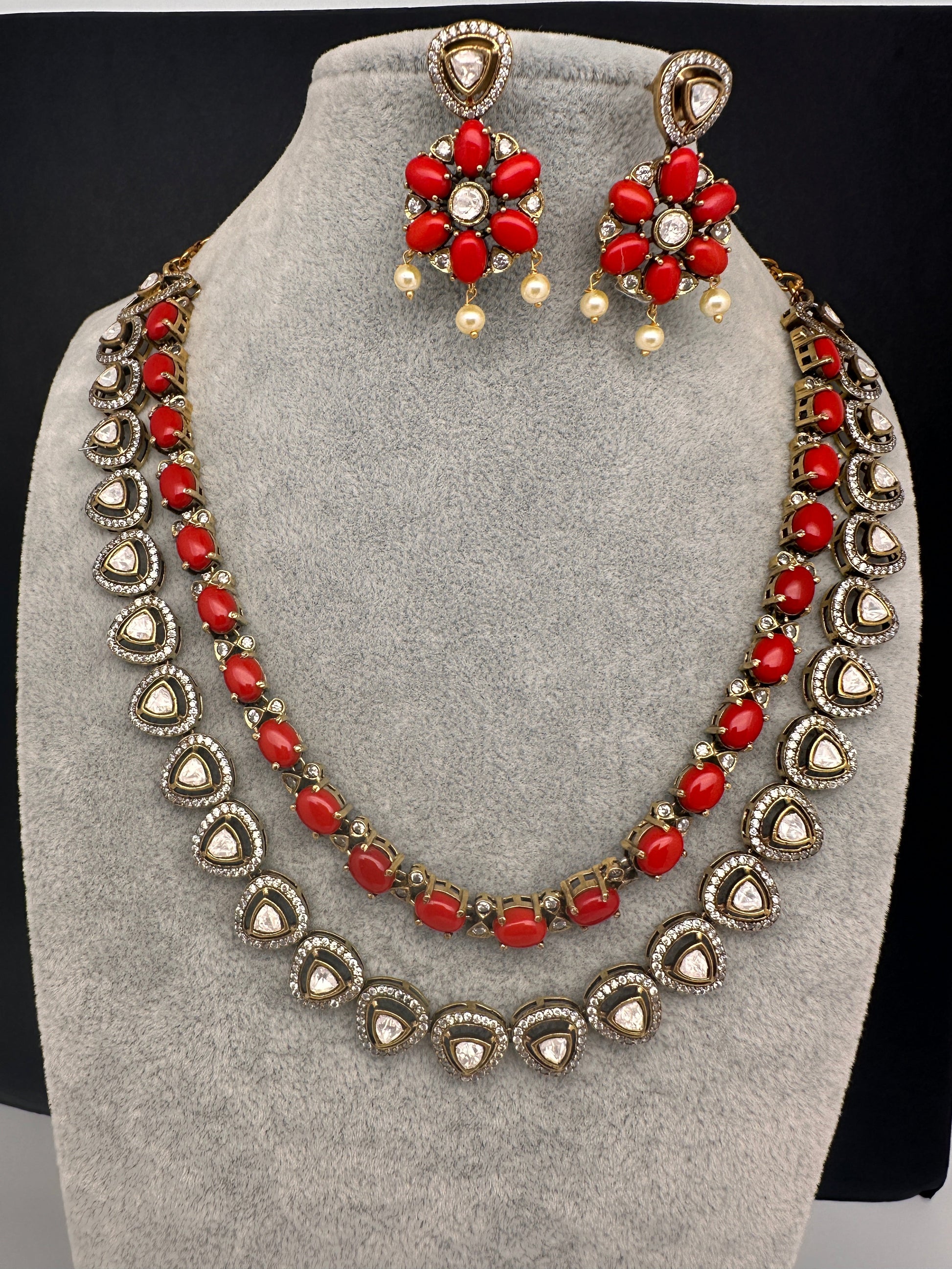 Victorian Double Layer Color Stone Moissnite  Necklace - Coral