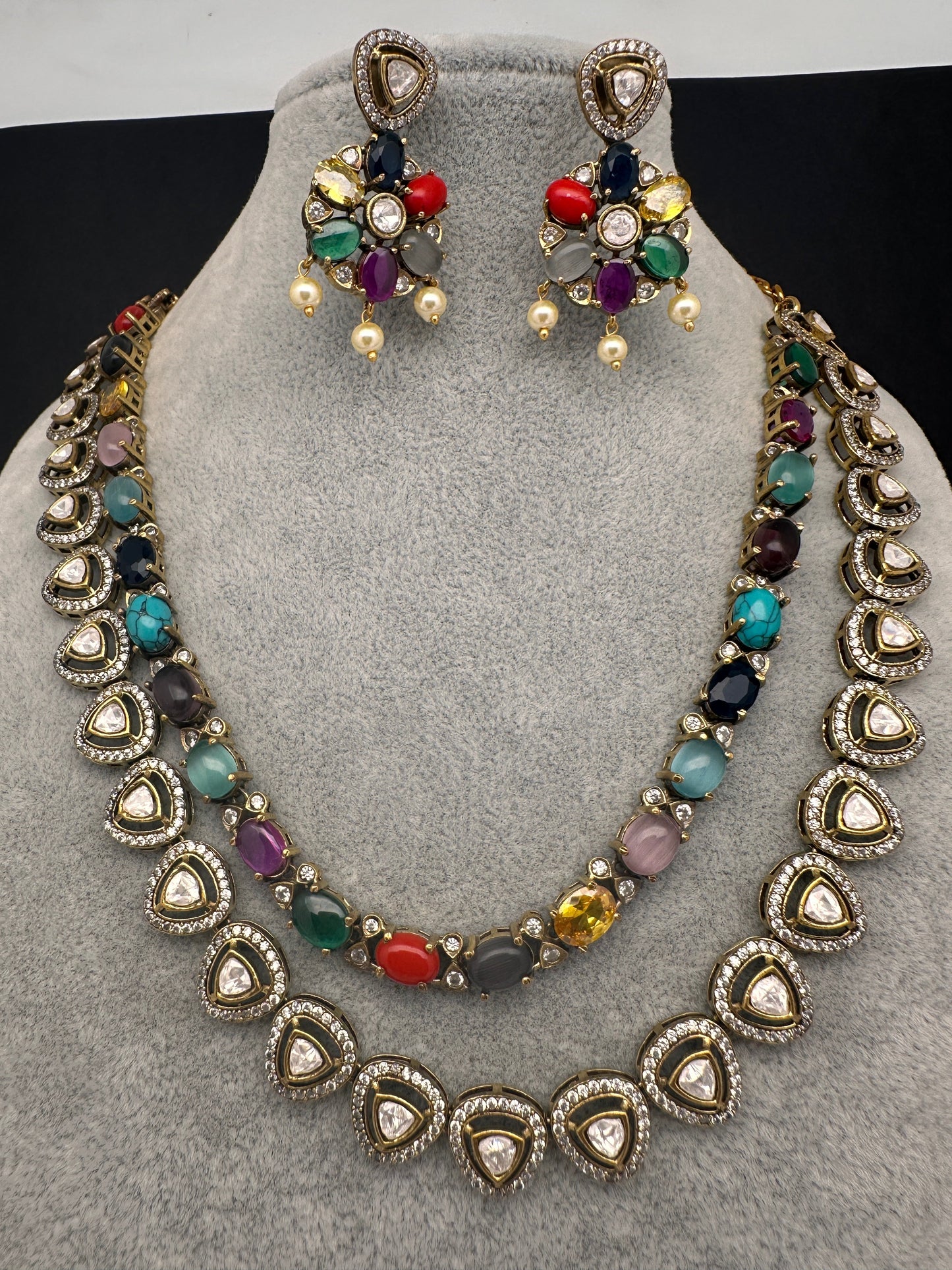 Victorian Double Layer Color Stone Moissnite  Necklace - Red