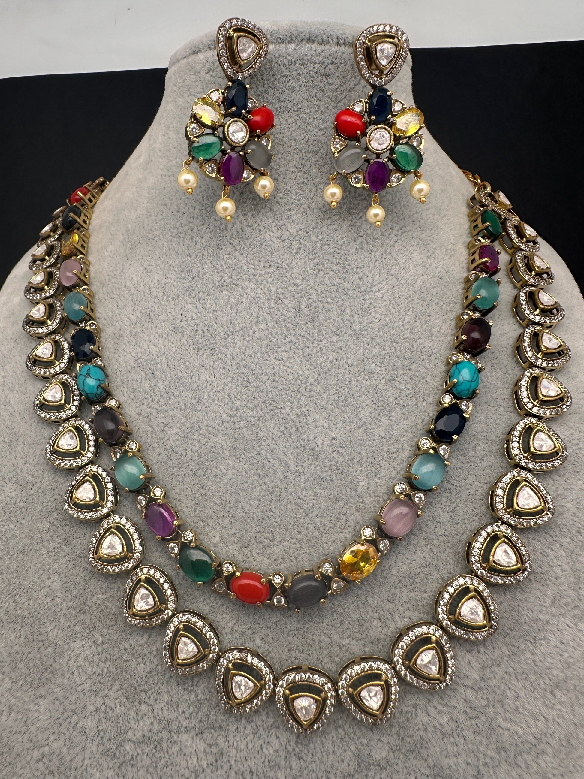 Victorian Double Layer Color Stone Moissnite  Necklace - Red