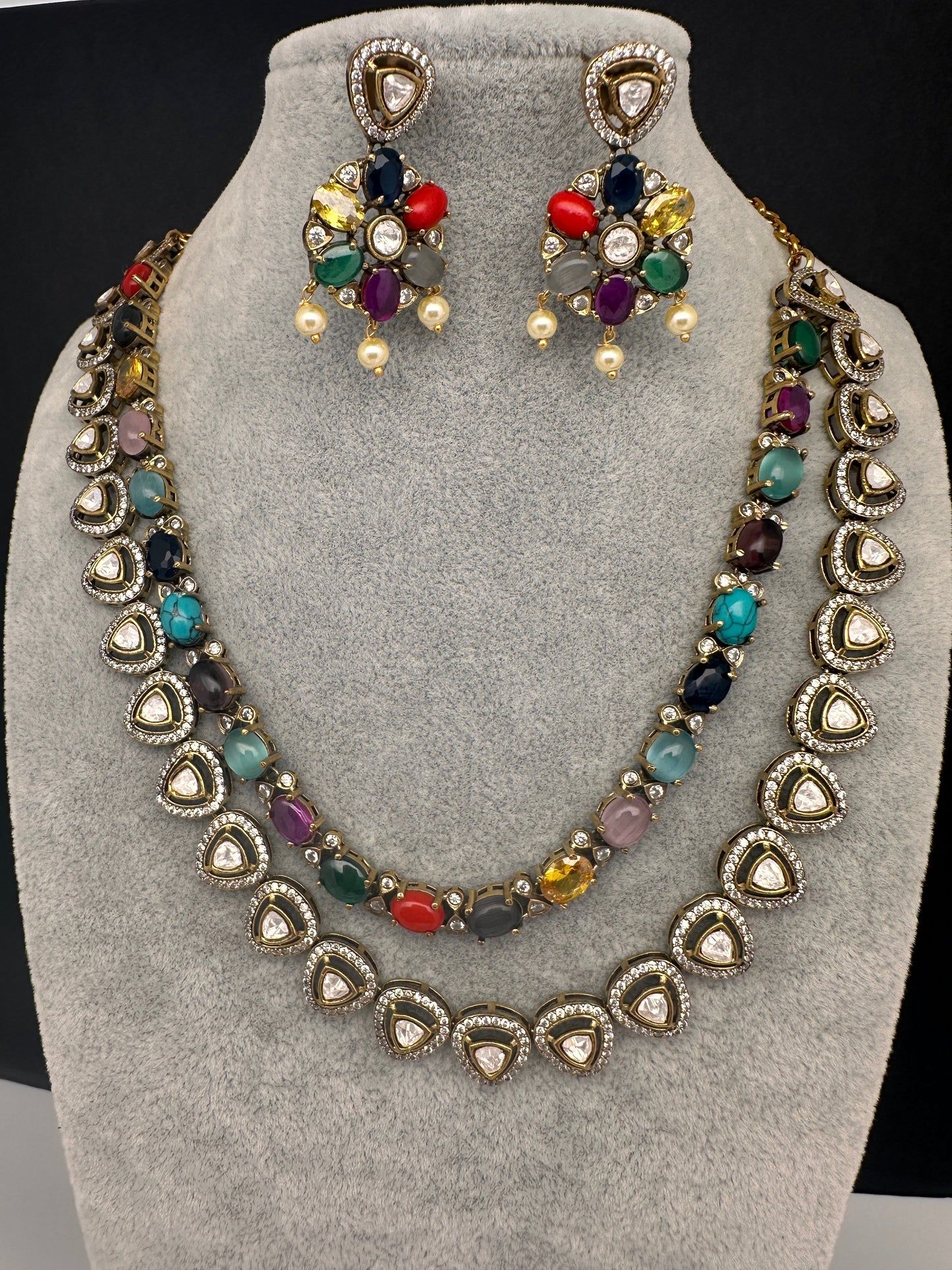 Victorian Double Layer Color Stone Moissnite  Necklace - Red