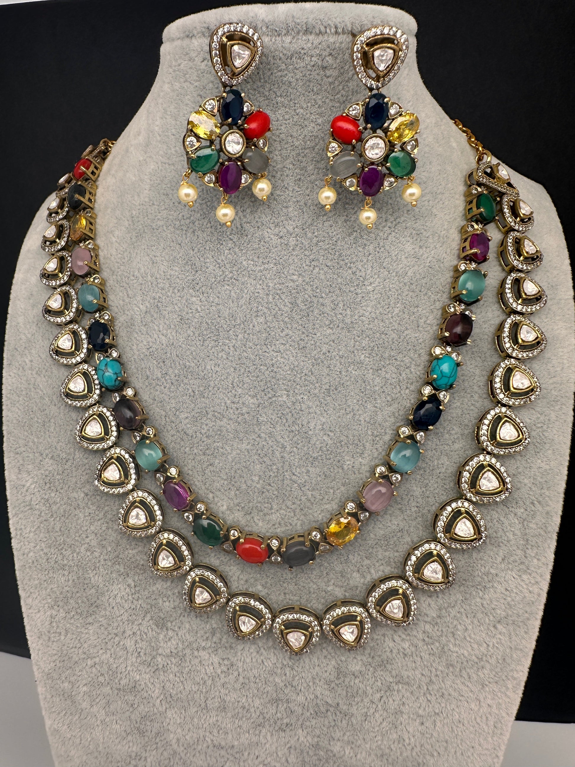 Victorian Double Layer Color Stone Moissnite  Necklace - Red