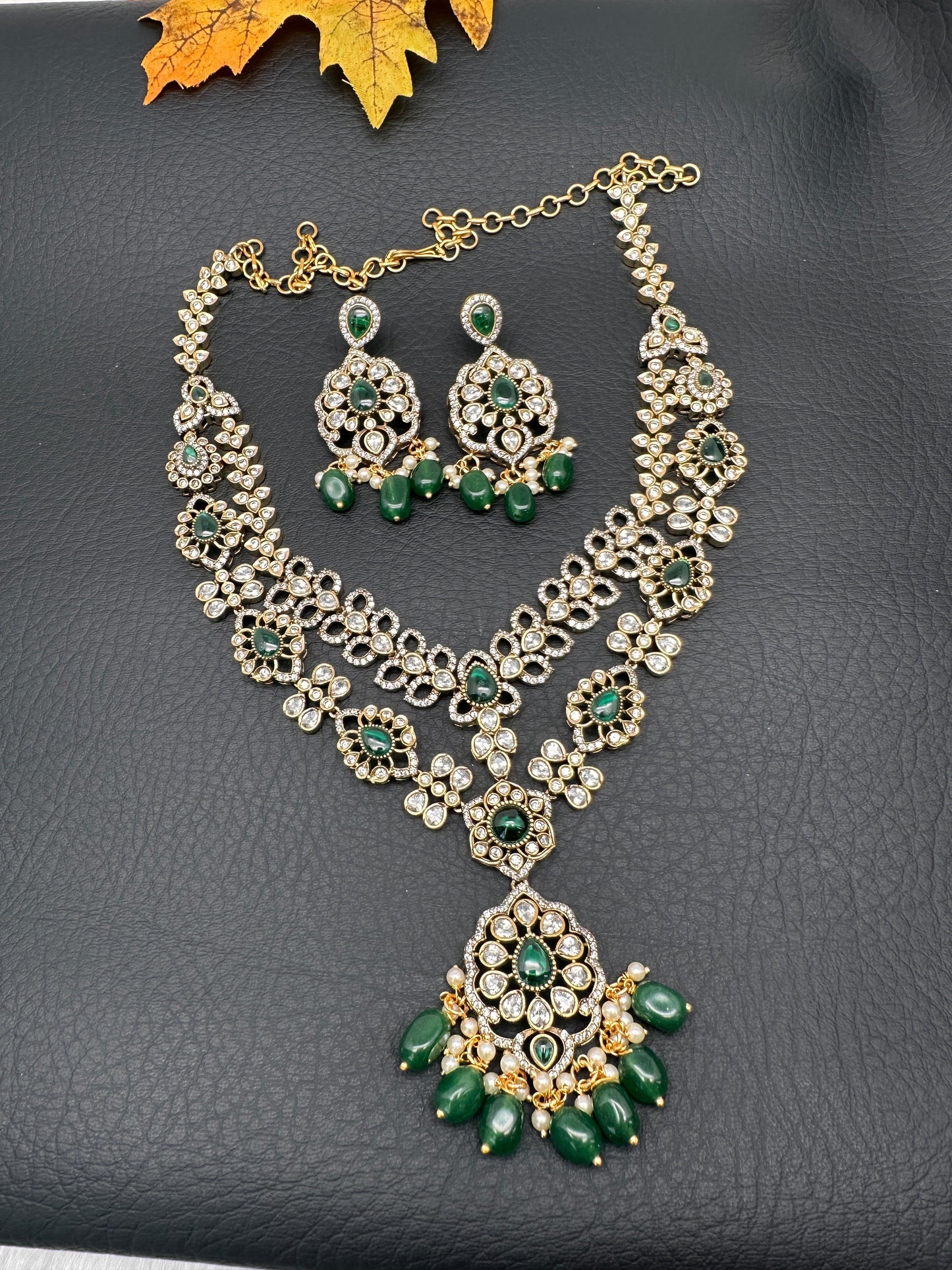 Victorian Polki Color Stone Double Layer Necklace - Green
