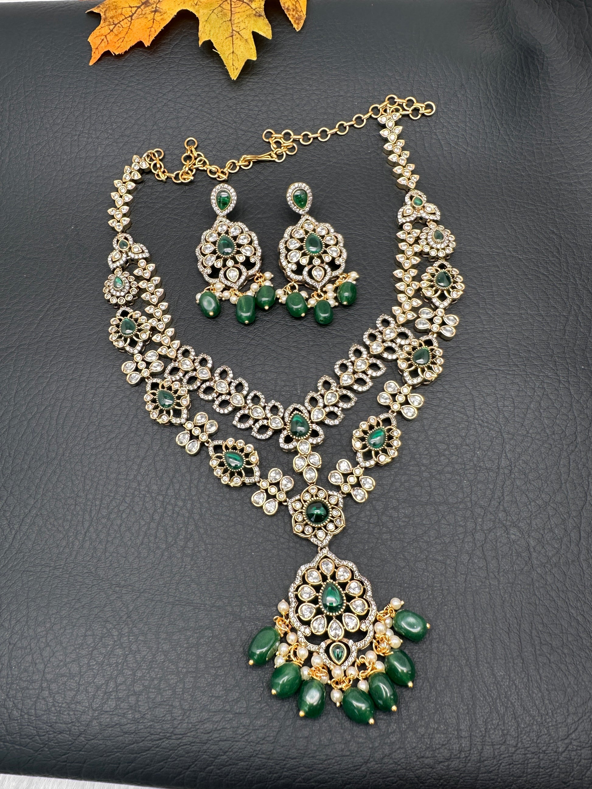 Victorian Polki Color Stone Double Layer Necklace - Green