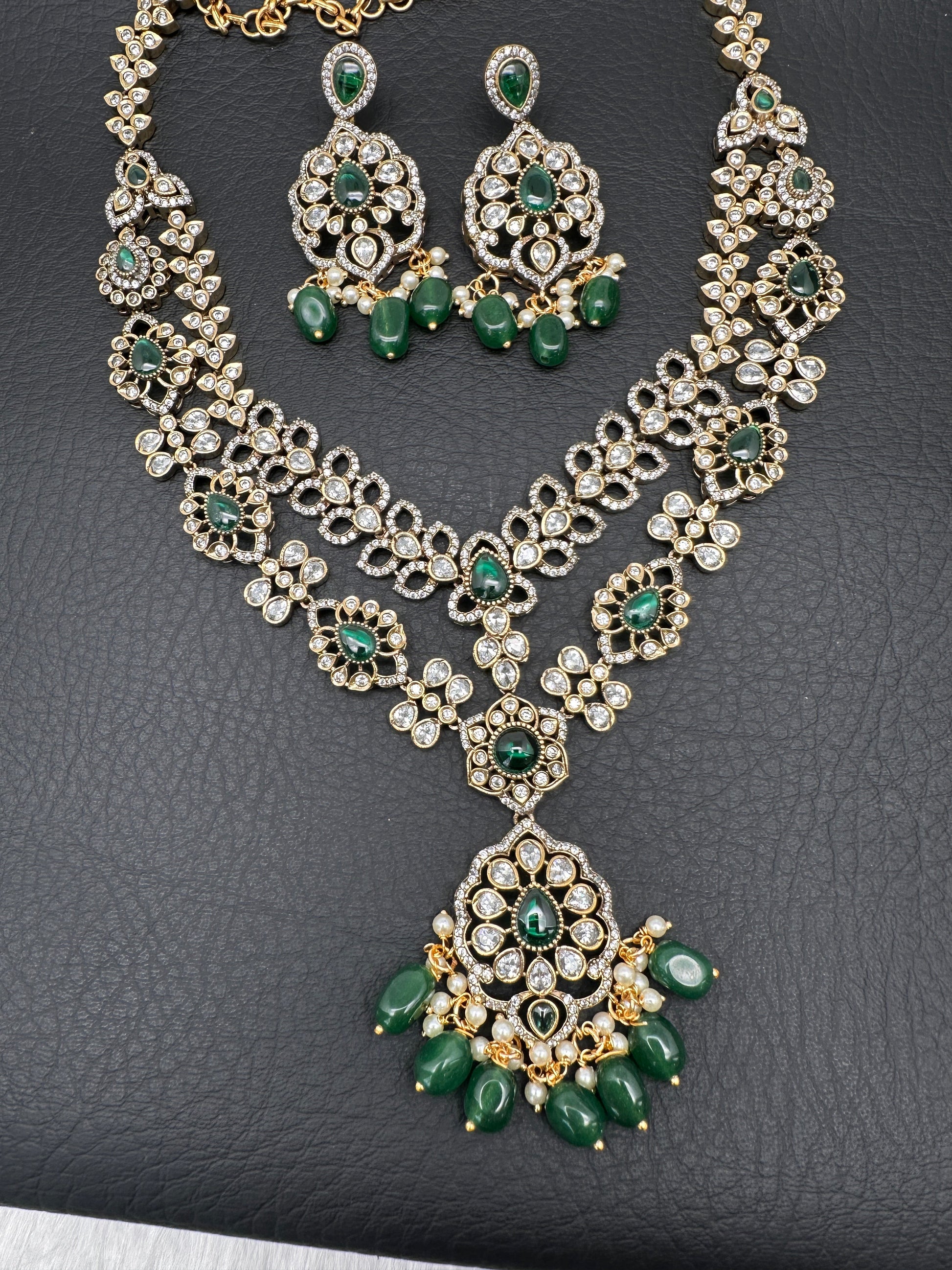 Victorian Polki Color Stone Double Layer Necklace - Green