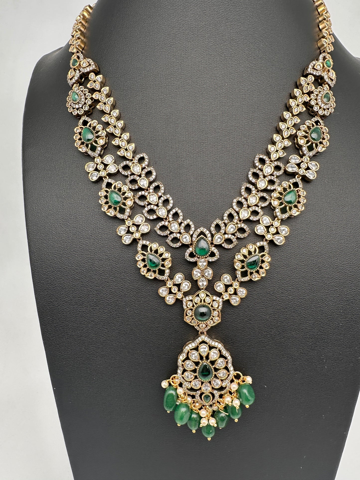 Victorian Polki Color Stone Double Layer Necklace - Green
