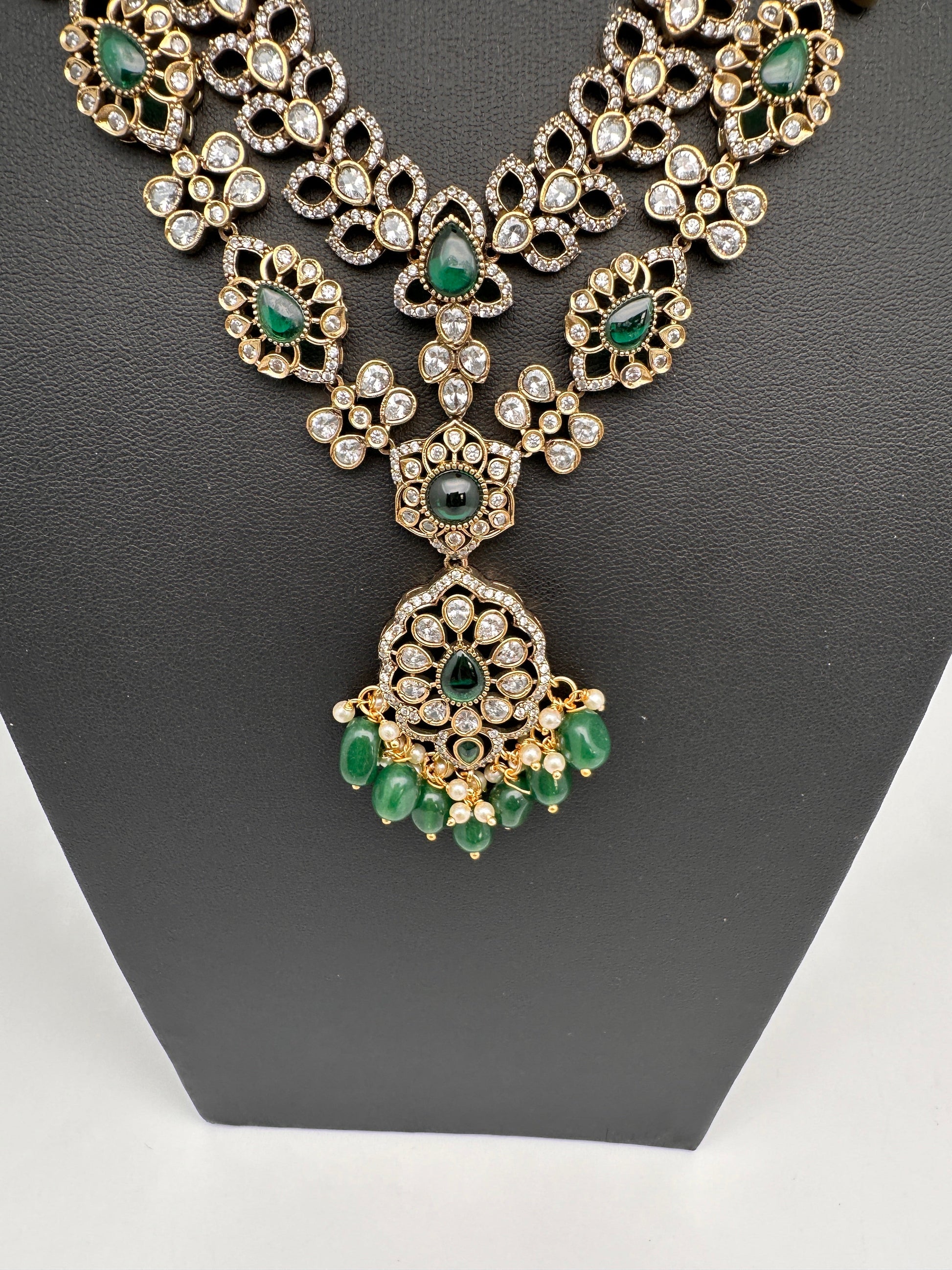 Victorian Polki Color Stone Double Layer Necklace - Green