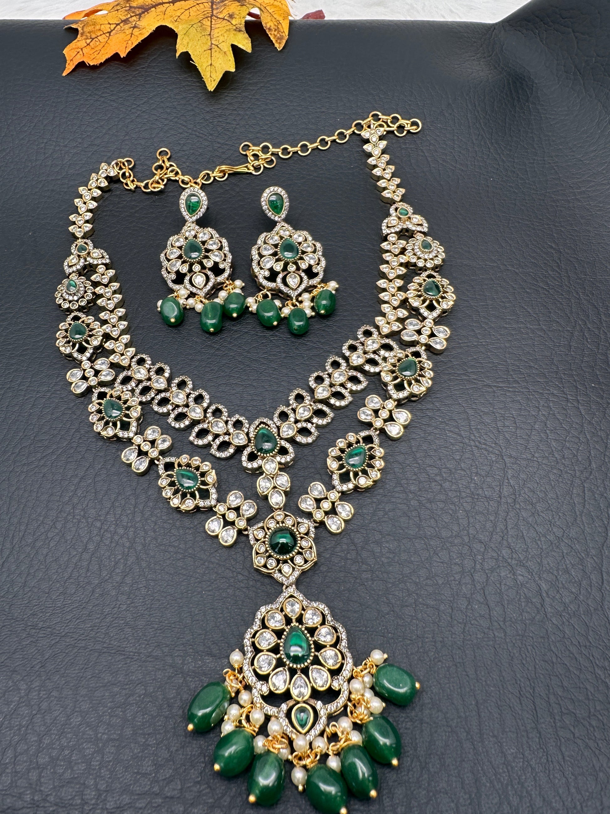 Victorian Polki Color Stone Double Layer Necklace - Green