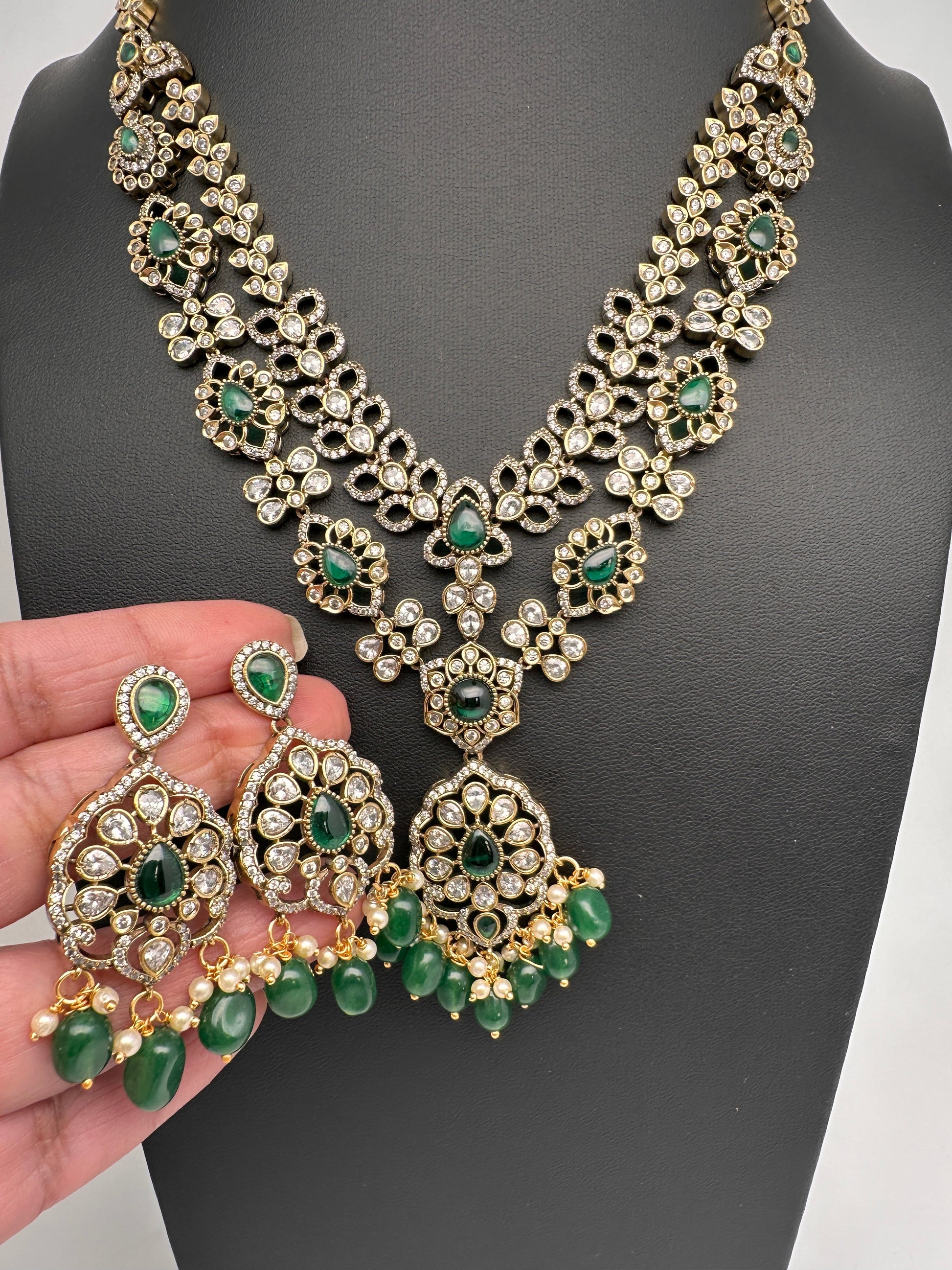 Victorian Polki Color Stone Double Layer Necklace - Green