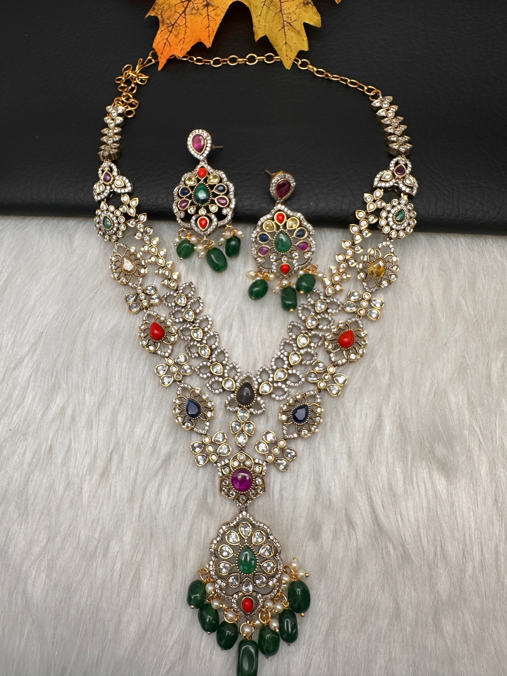 Victorian Polki Color Stone Double Layer Necklace - Pink