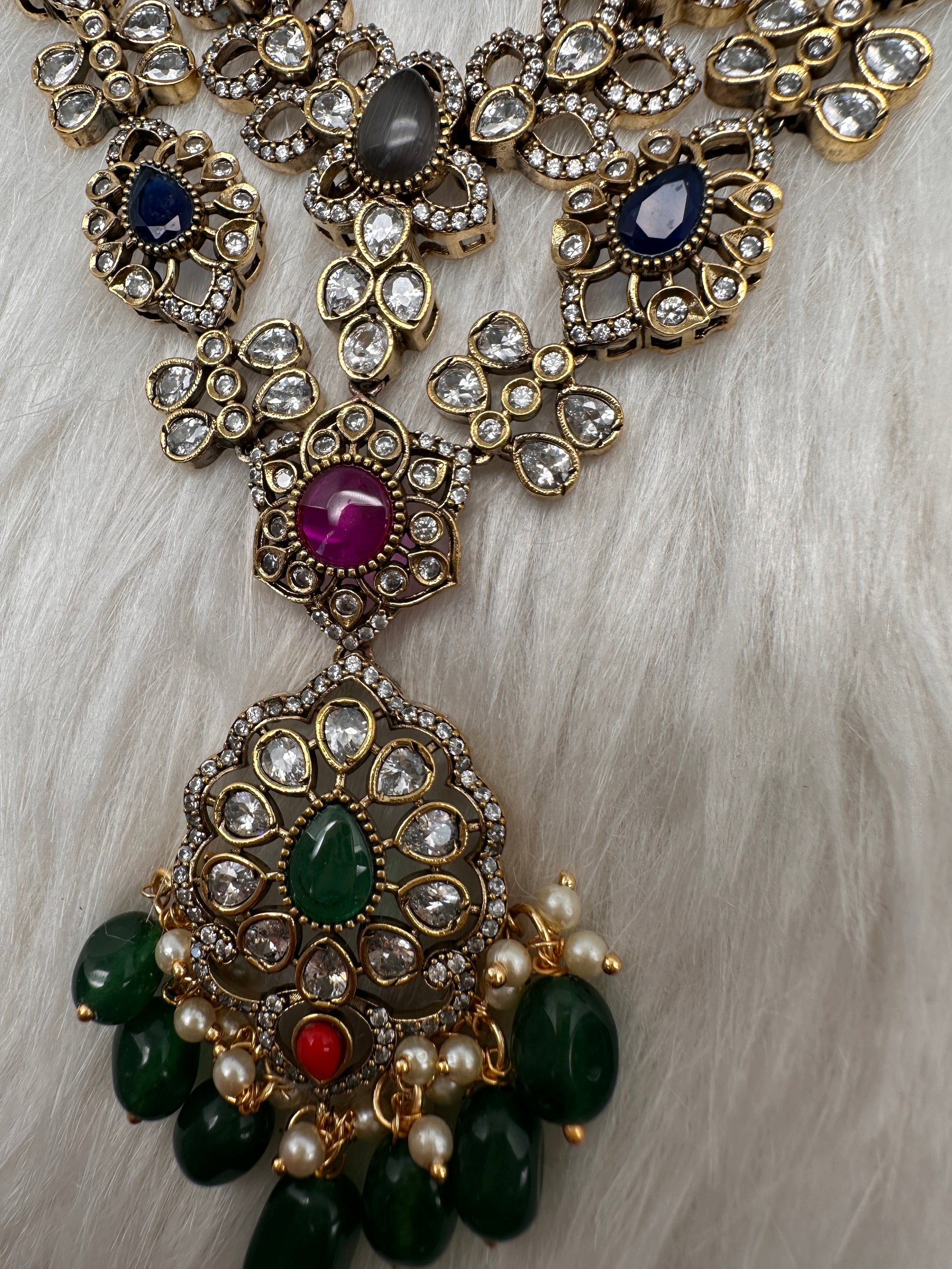 Victorian Polki Color Stone Double Layer Necklace - Pink