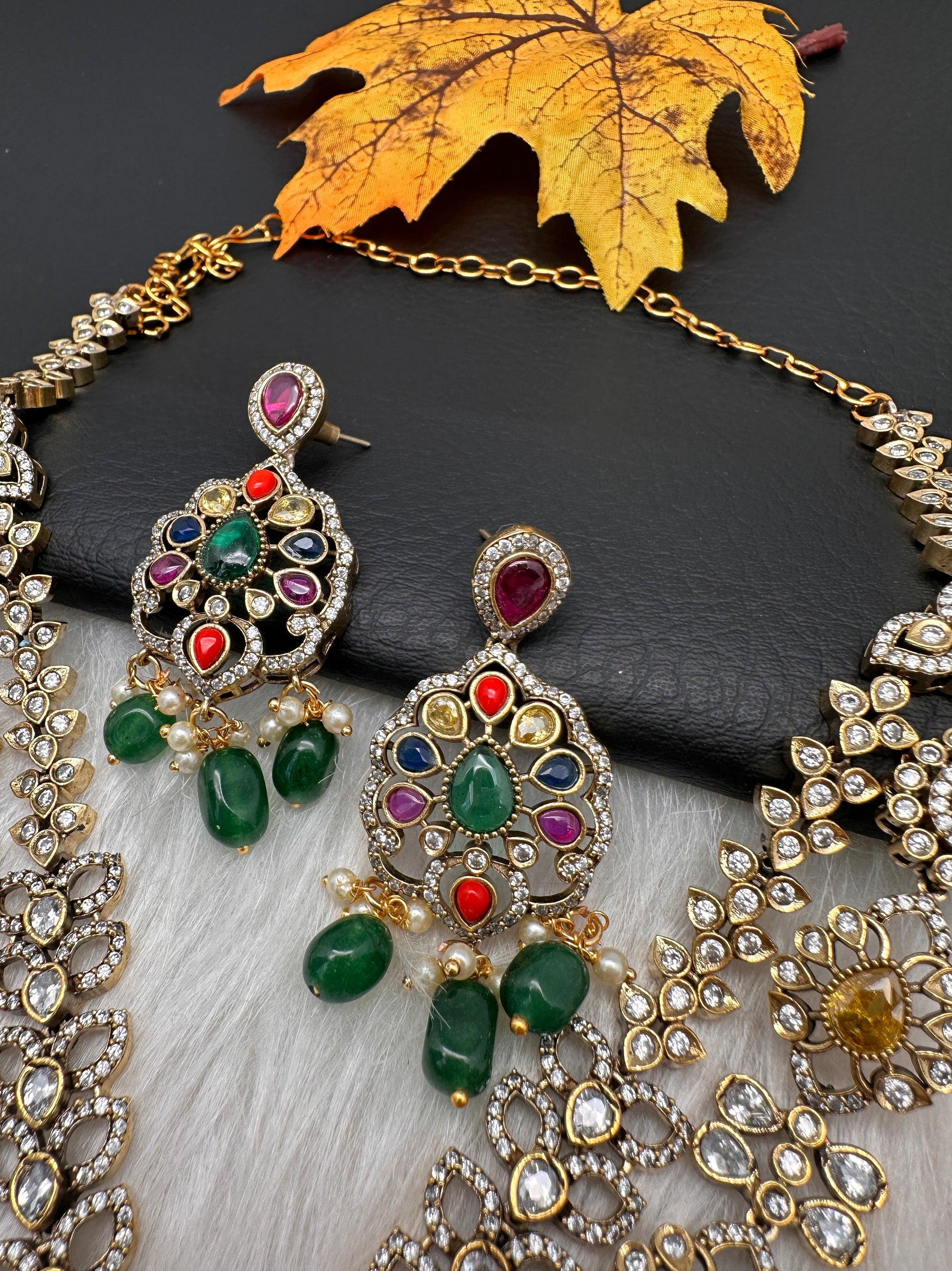 Victorian Polki Color Stone Double Layer Necklace - Pink