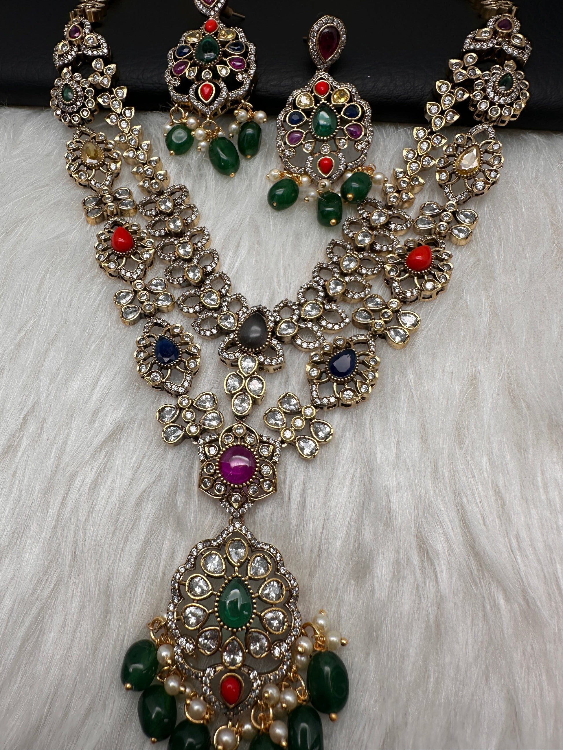 Victorian Polki Color Stone Double Layer Necklace - Pink