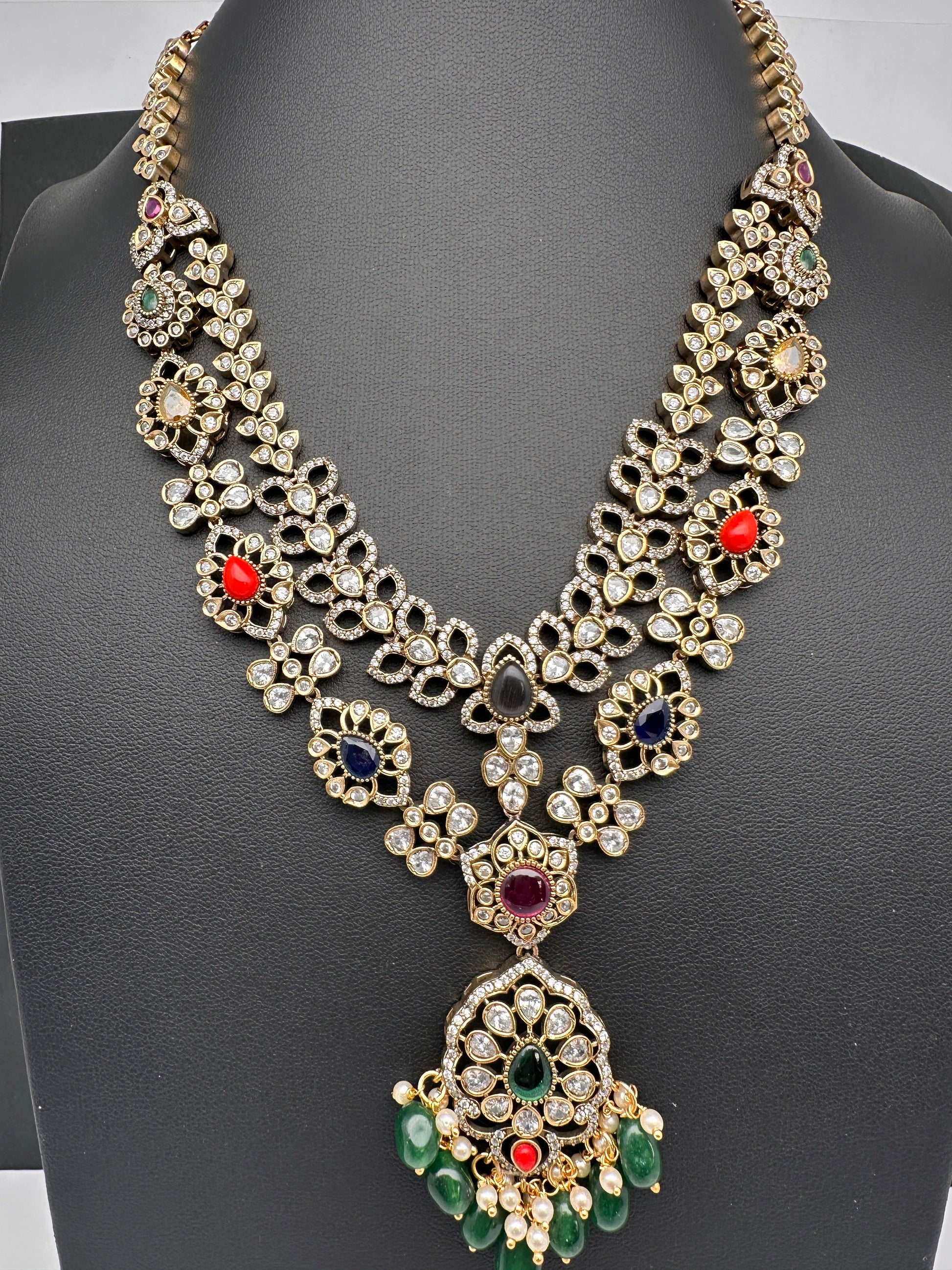 Victorian Polki Color Stone Double Layer Necklace - Pink