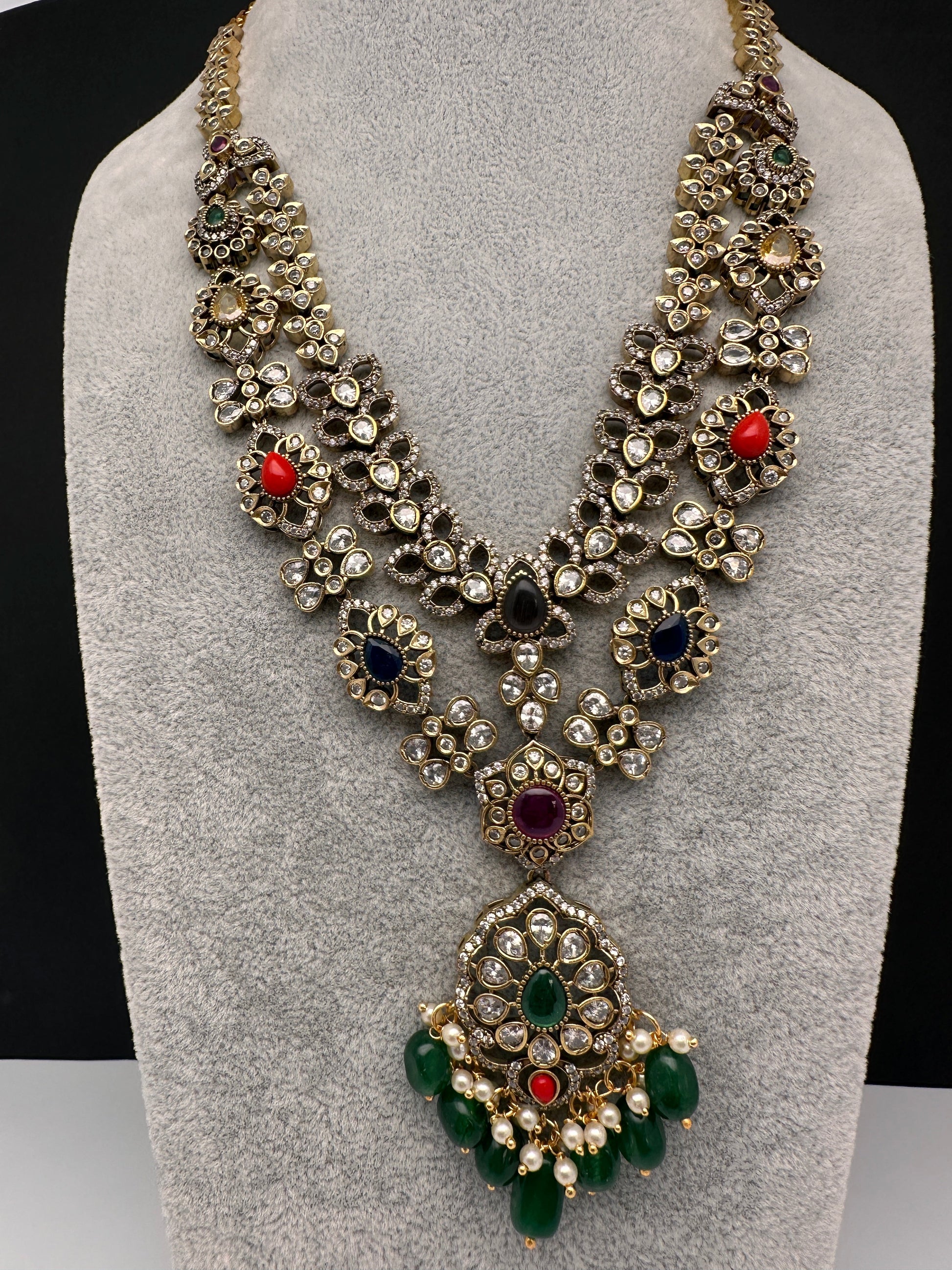 Victorian Polki Color Stone Double Layer Necklace - Pink