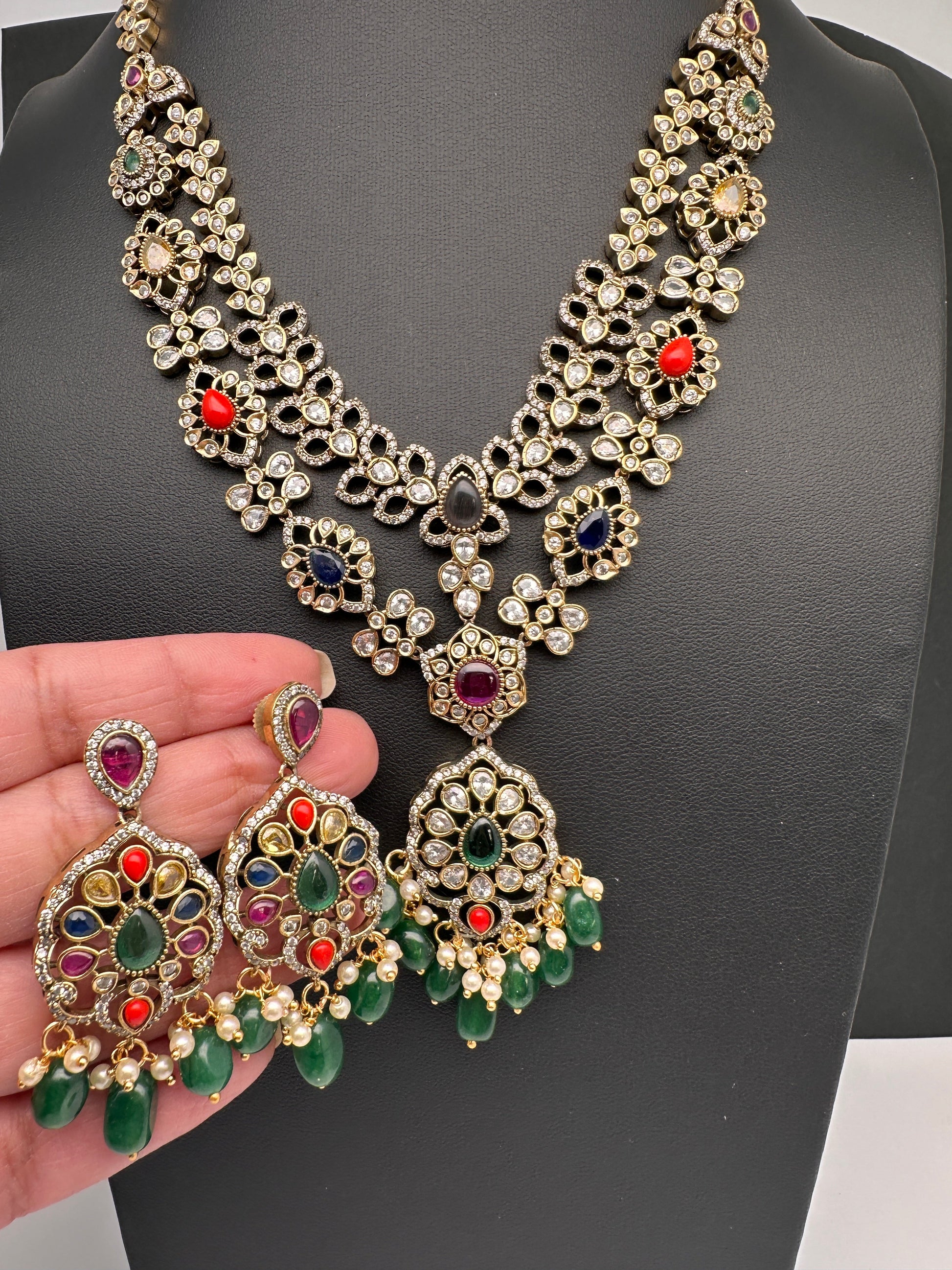 Victorian Polki Color Stone Double Layer Necklace - Pink
