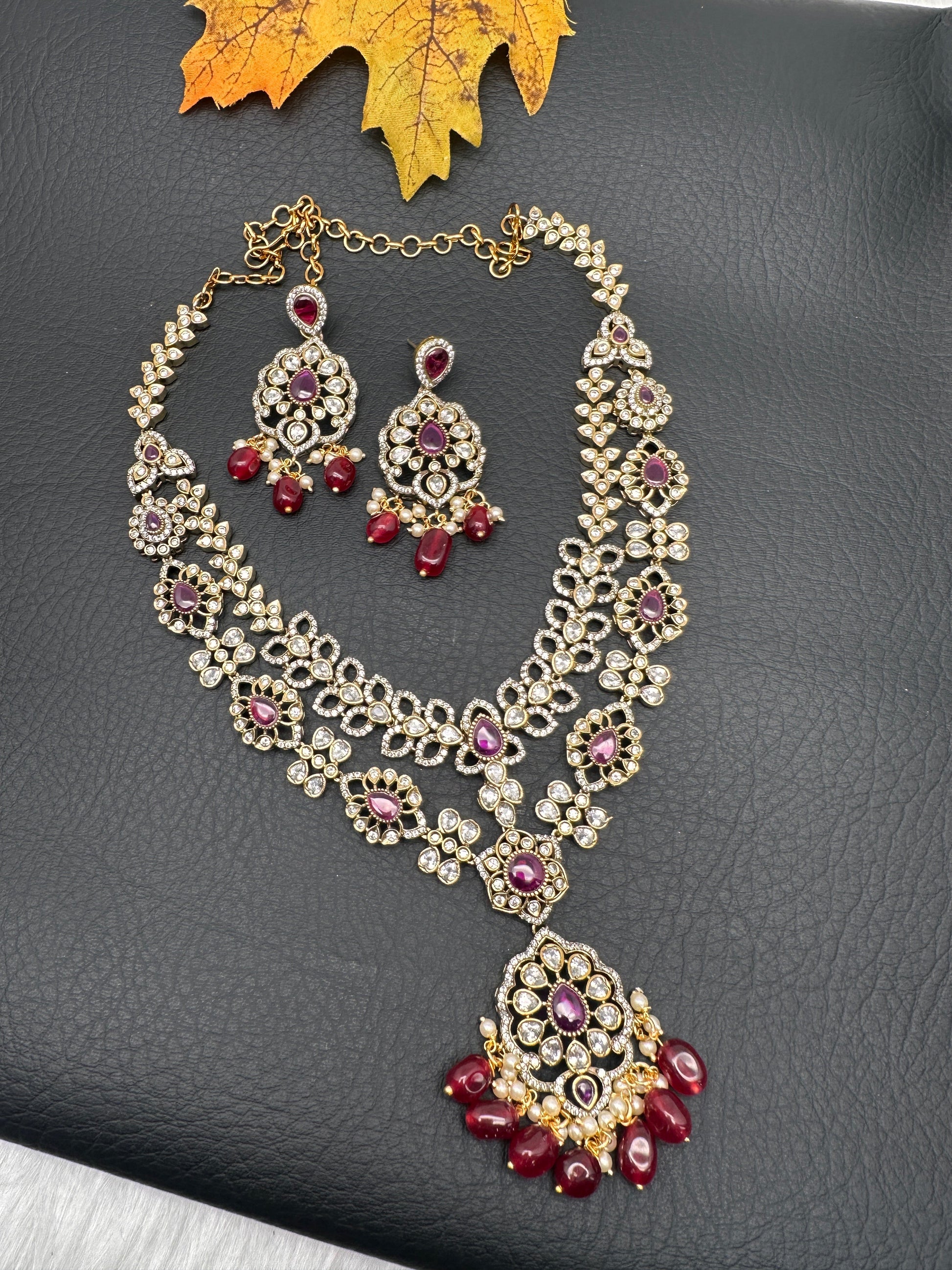 Victorian Polki Color Stone Double Layer Necklace - Red