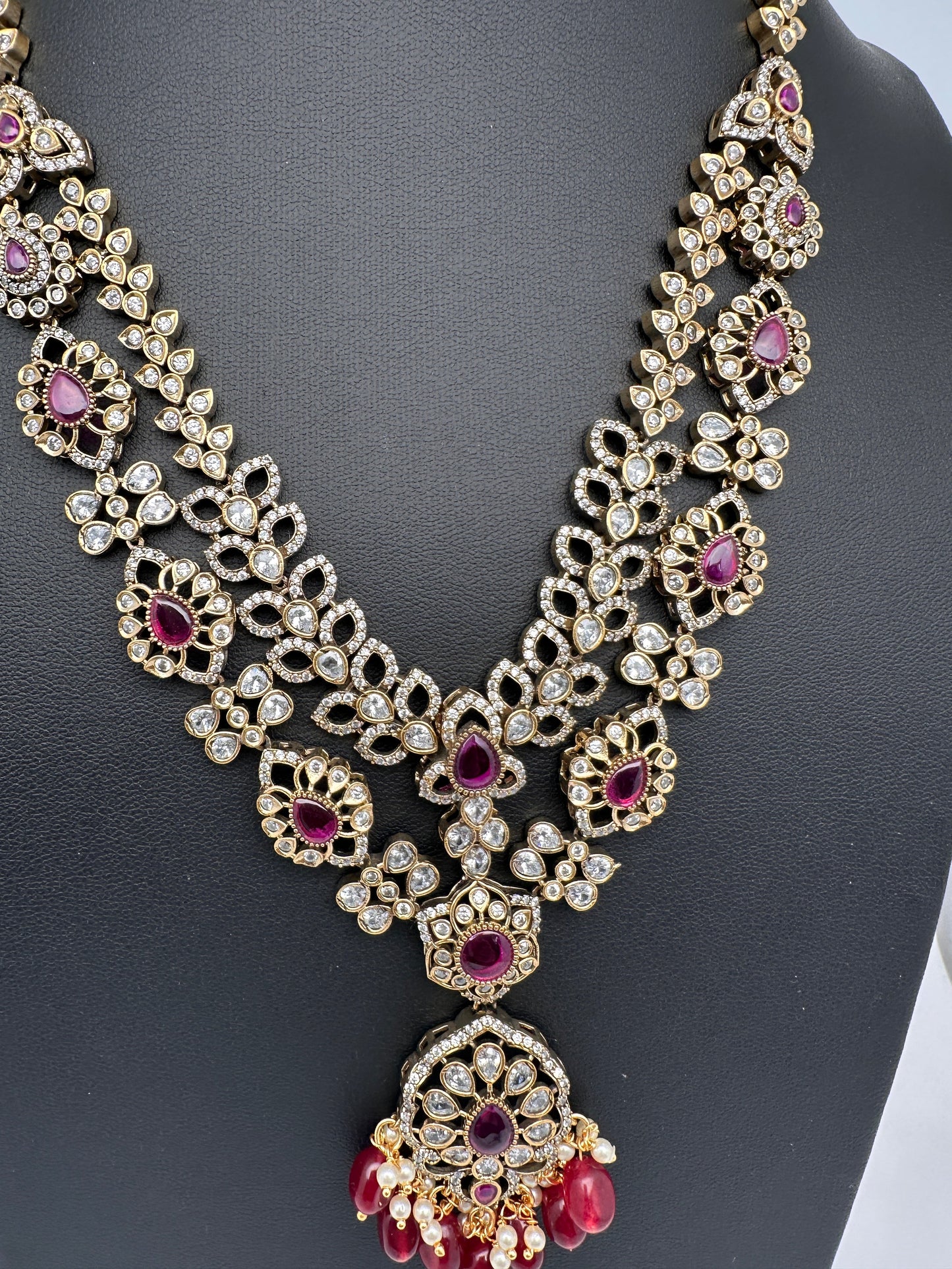 Victorian Polki Color Stone Double Layer Necklace - Red