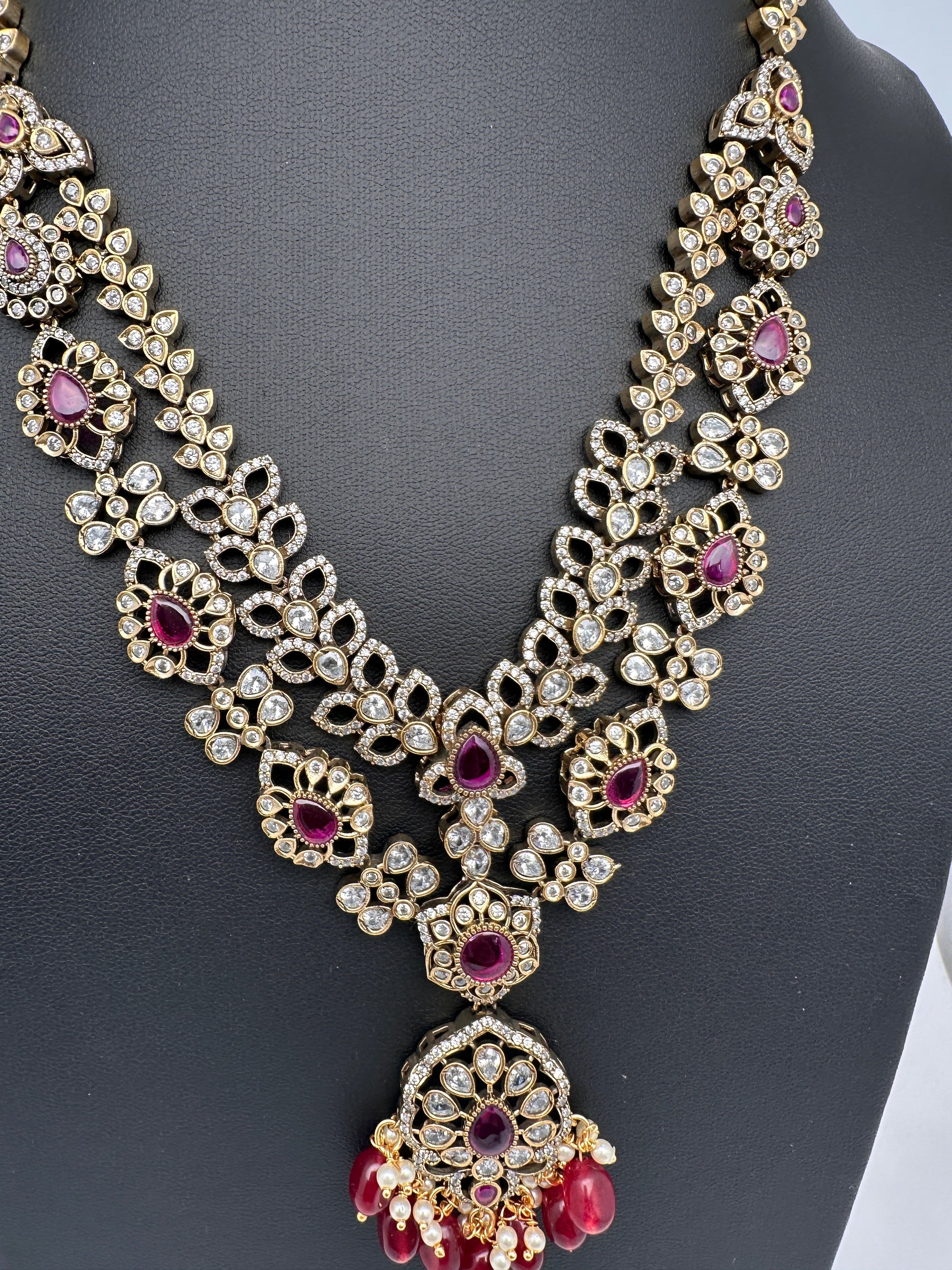 Victorian Polki Color Stone Double Layer Necklace - Red