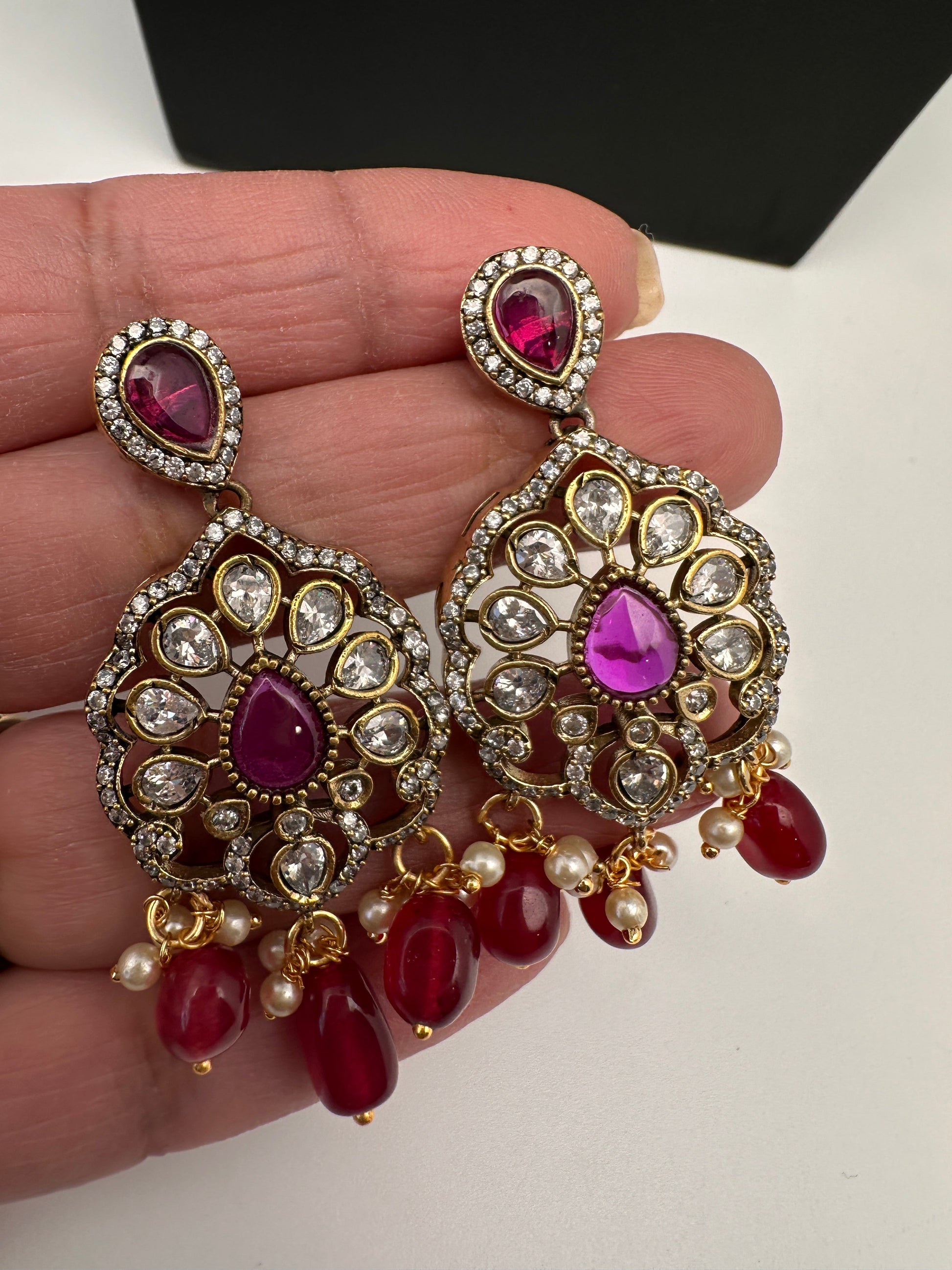 Victorian Polki Color Stone Double Layer Necklace - Red