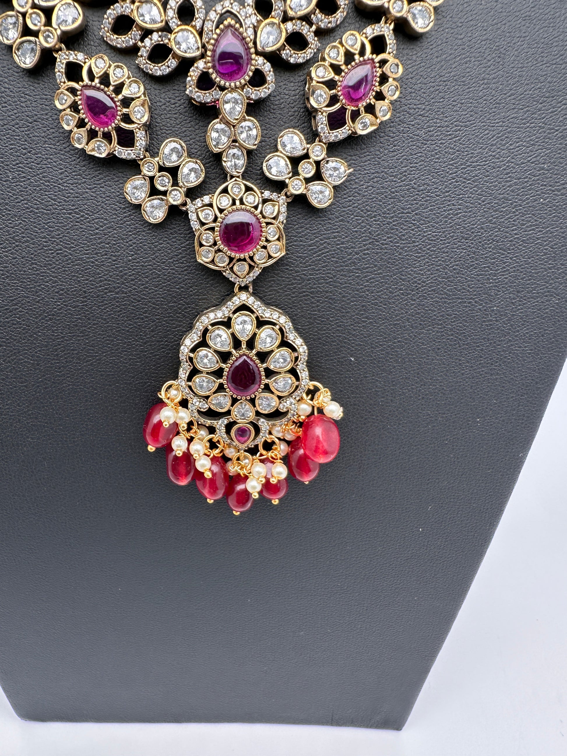 Victorian Polki Color Stone Double Layer Necklace - Red