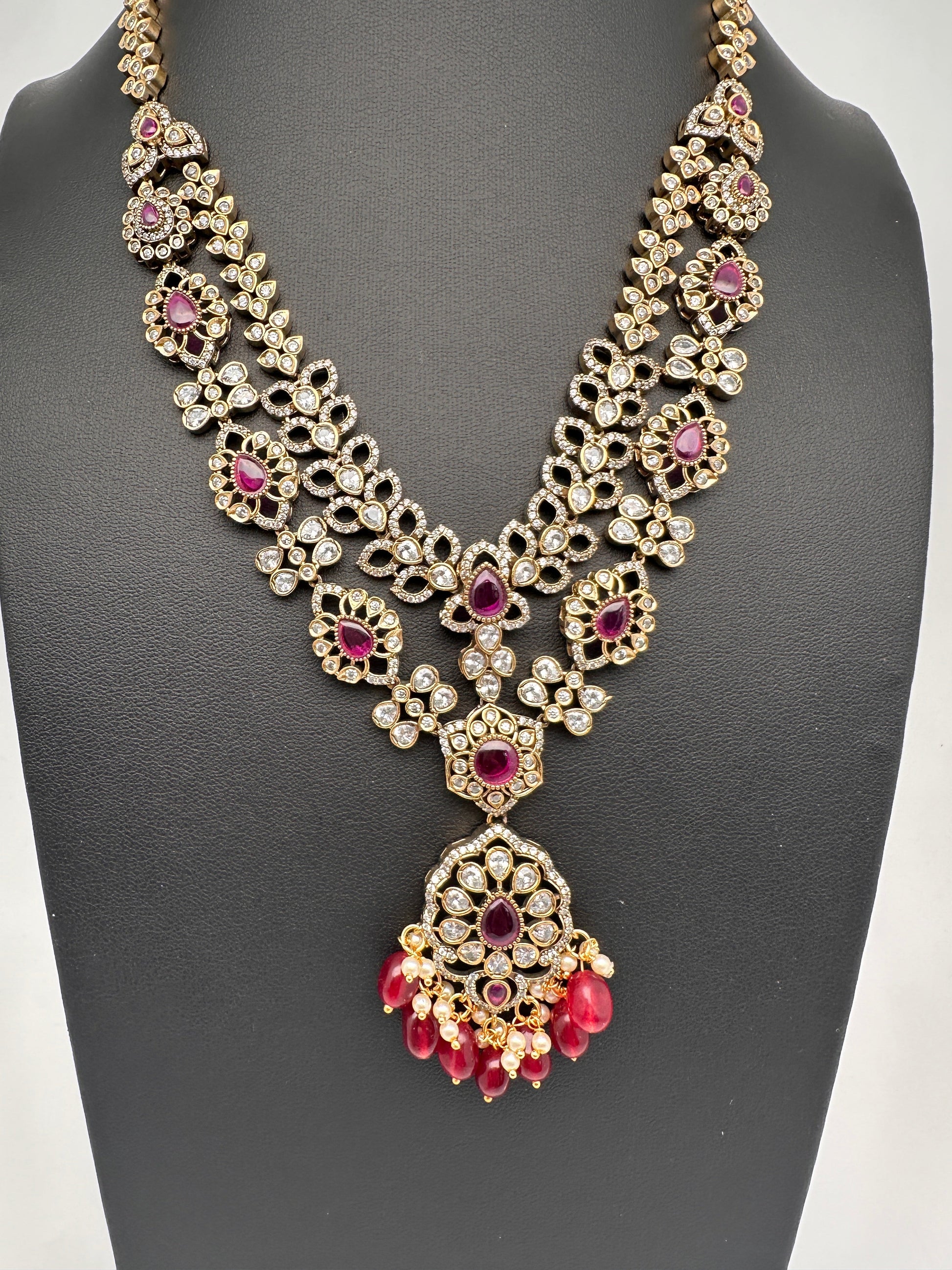 Victorian Polki Color Stone Double Layer Necklace - Red
