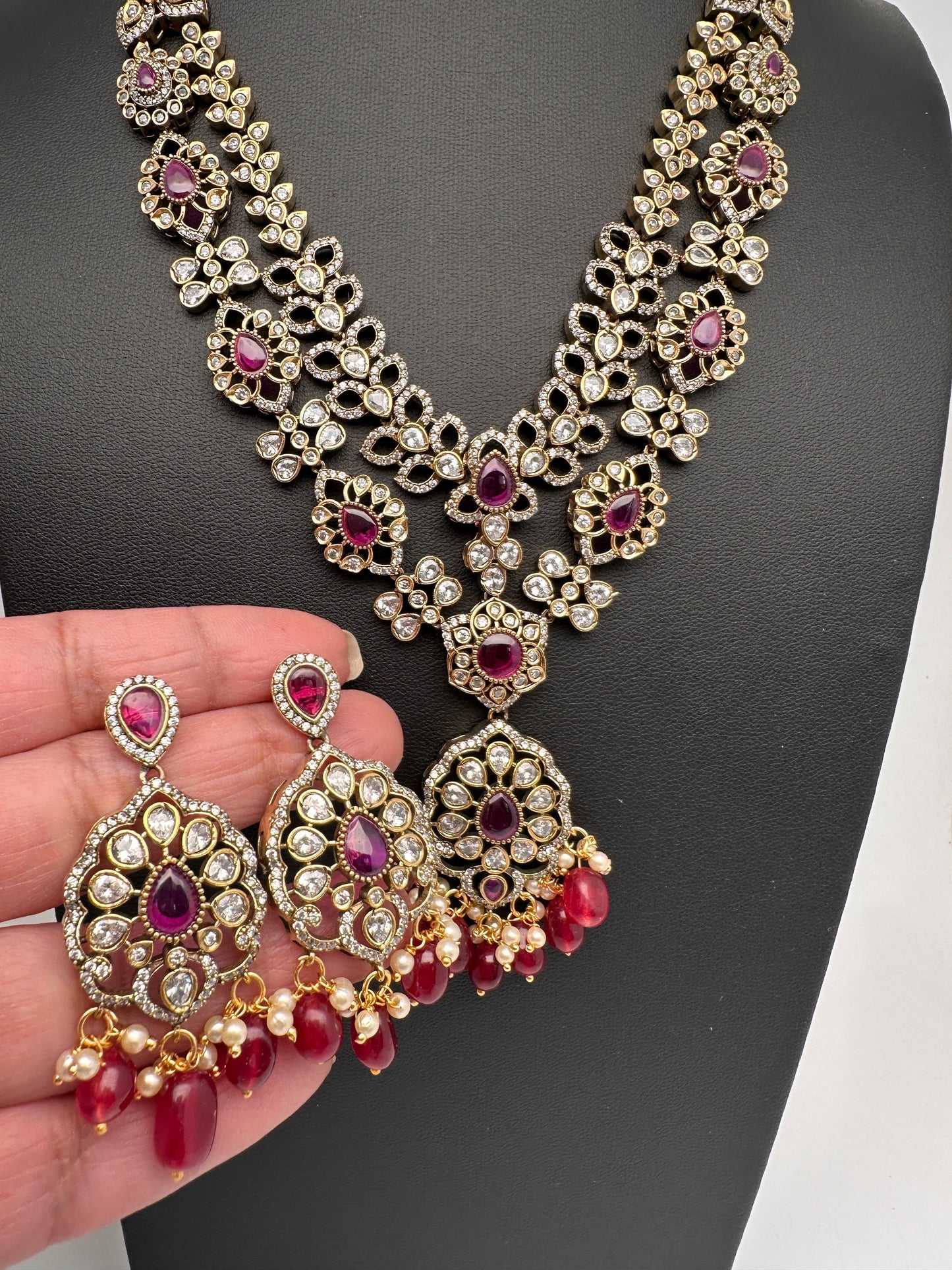Victorian Polki Color Stone Double Layer Necklace - Red