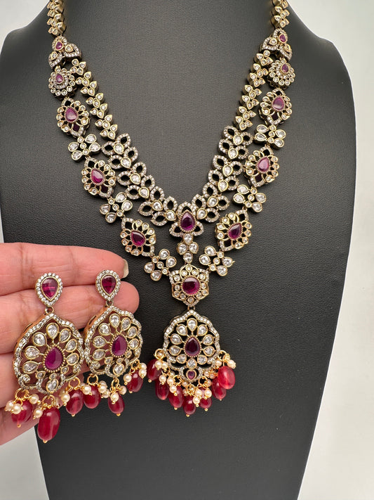 Victorian Polki Color Stone Double Layer Necklace - Red