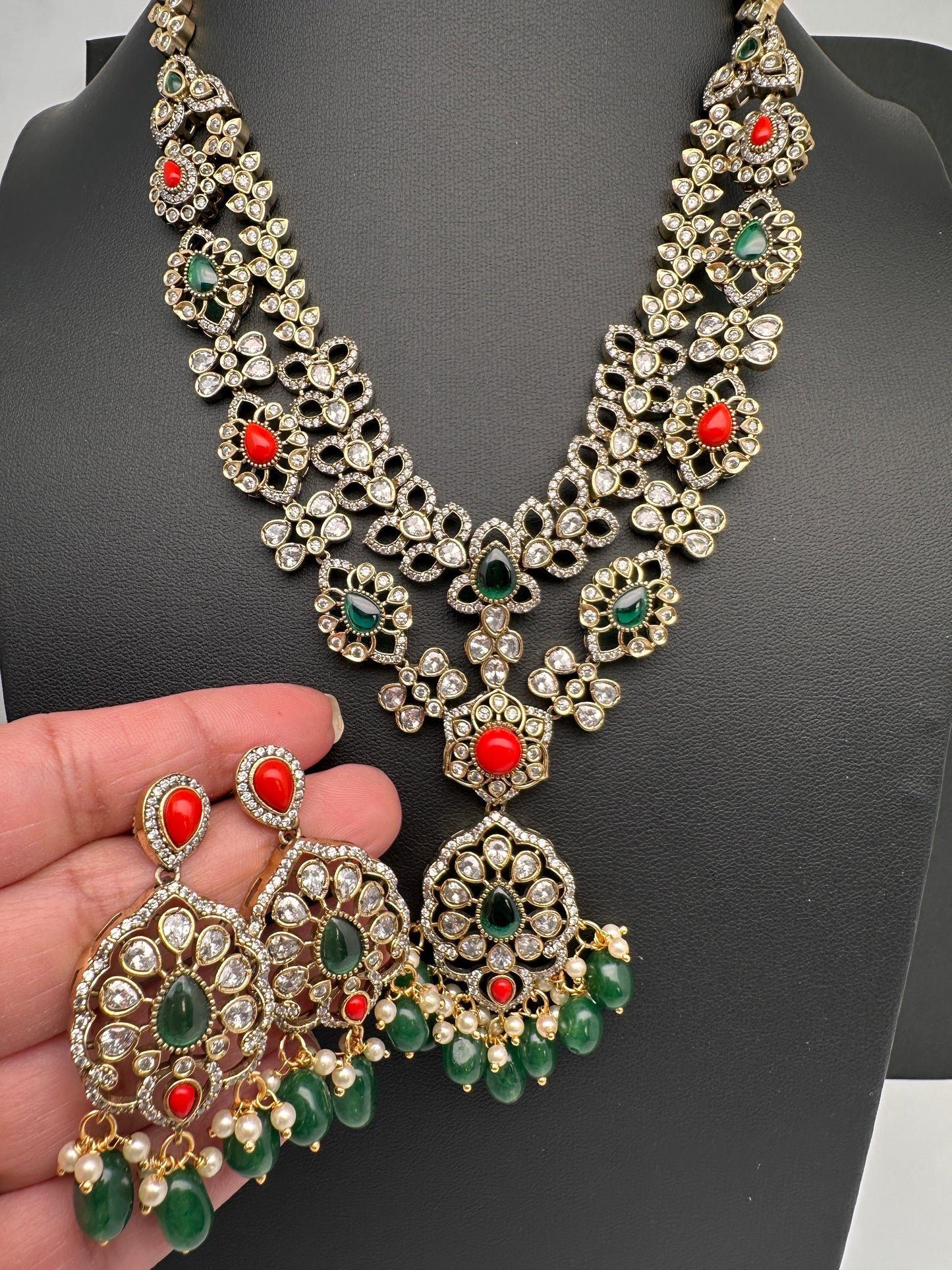 Victorian Polki Color Stone Double Layer Necklace - white