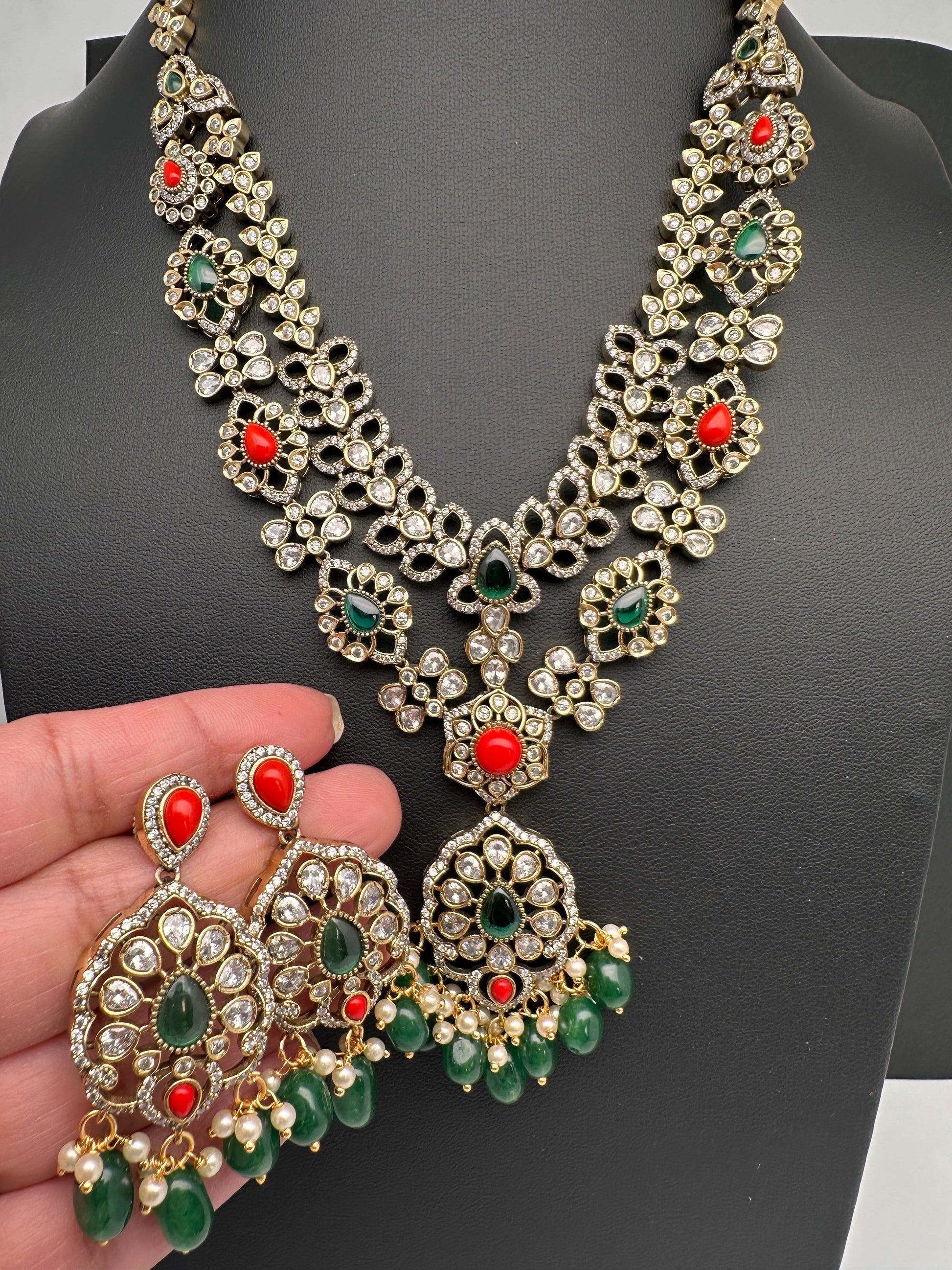 Victorian Polki Color Stone Double Layer Necklace - white