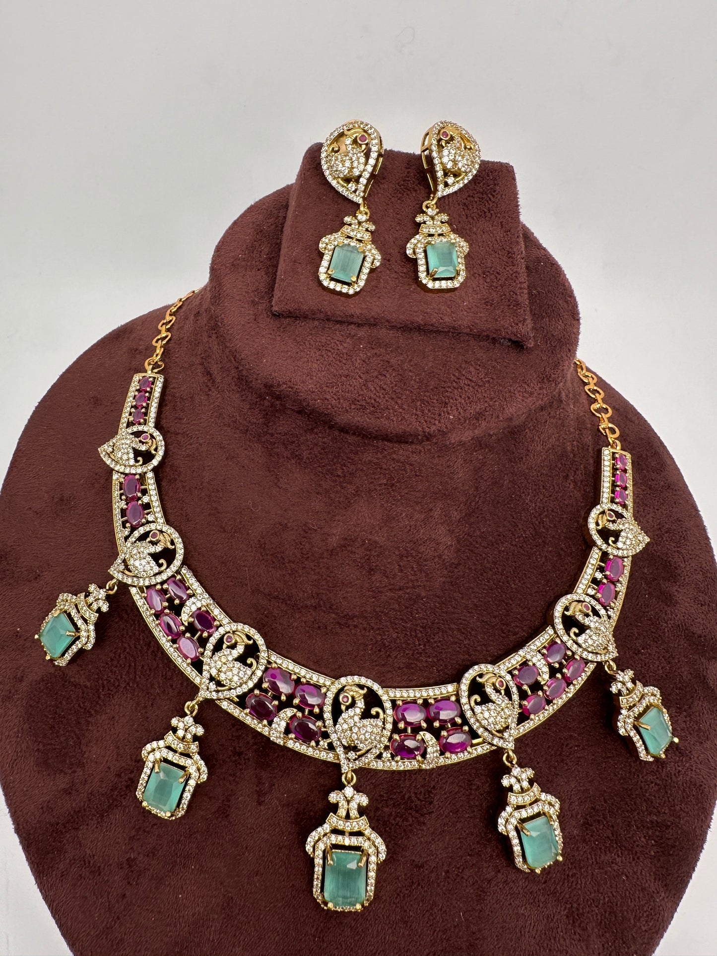 Peacock Mehendi Finish Neckline Color Stone Necklace
